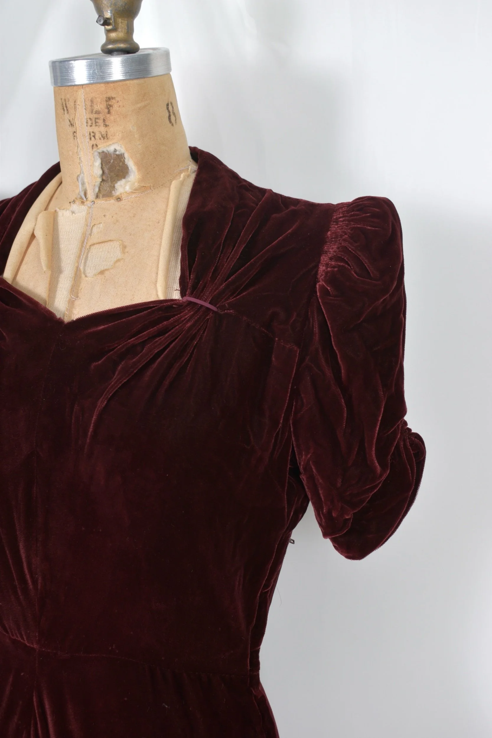 1930s burgundy rayon velvet dress