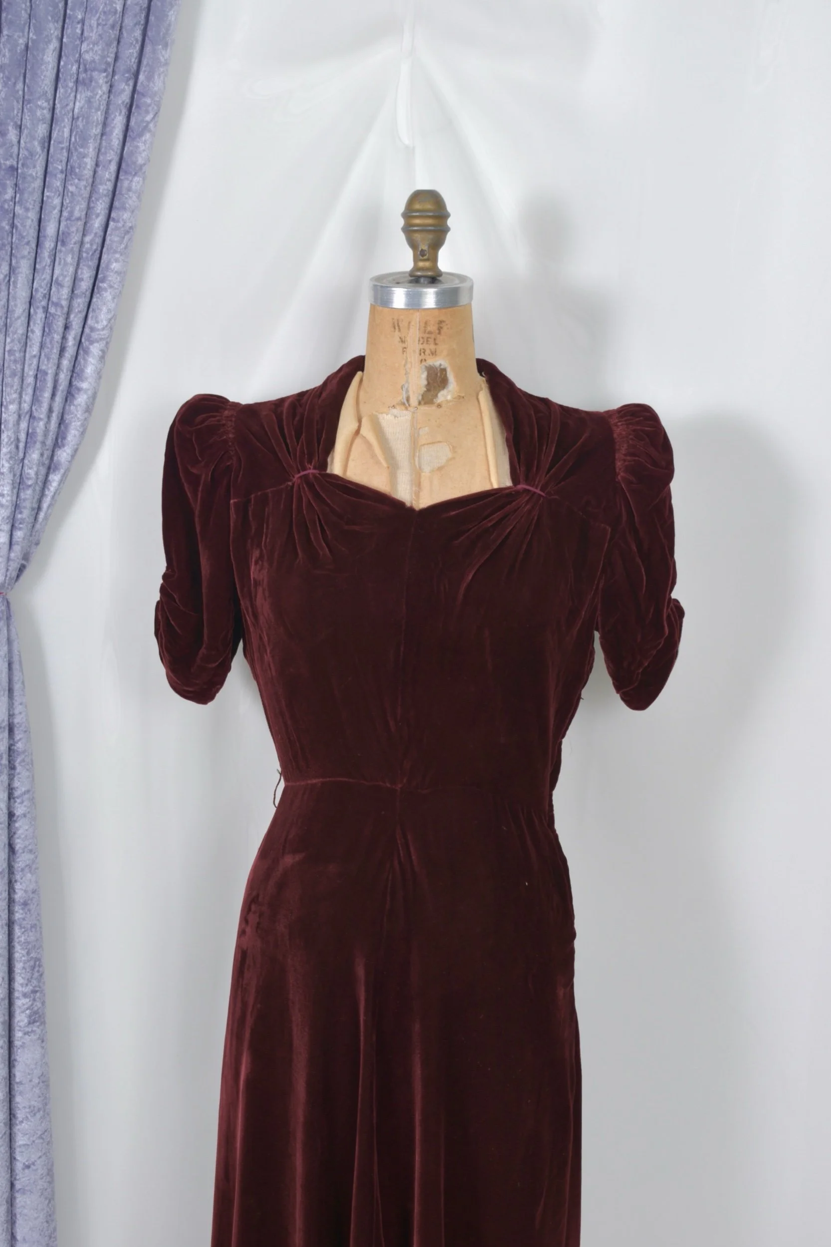 1930s burgundy rayon velvet dress