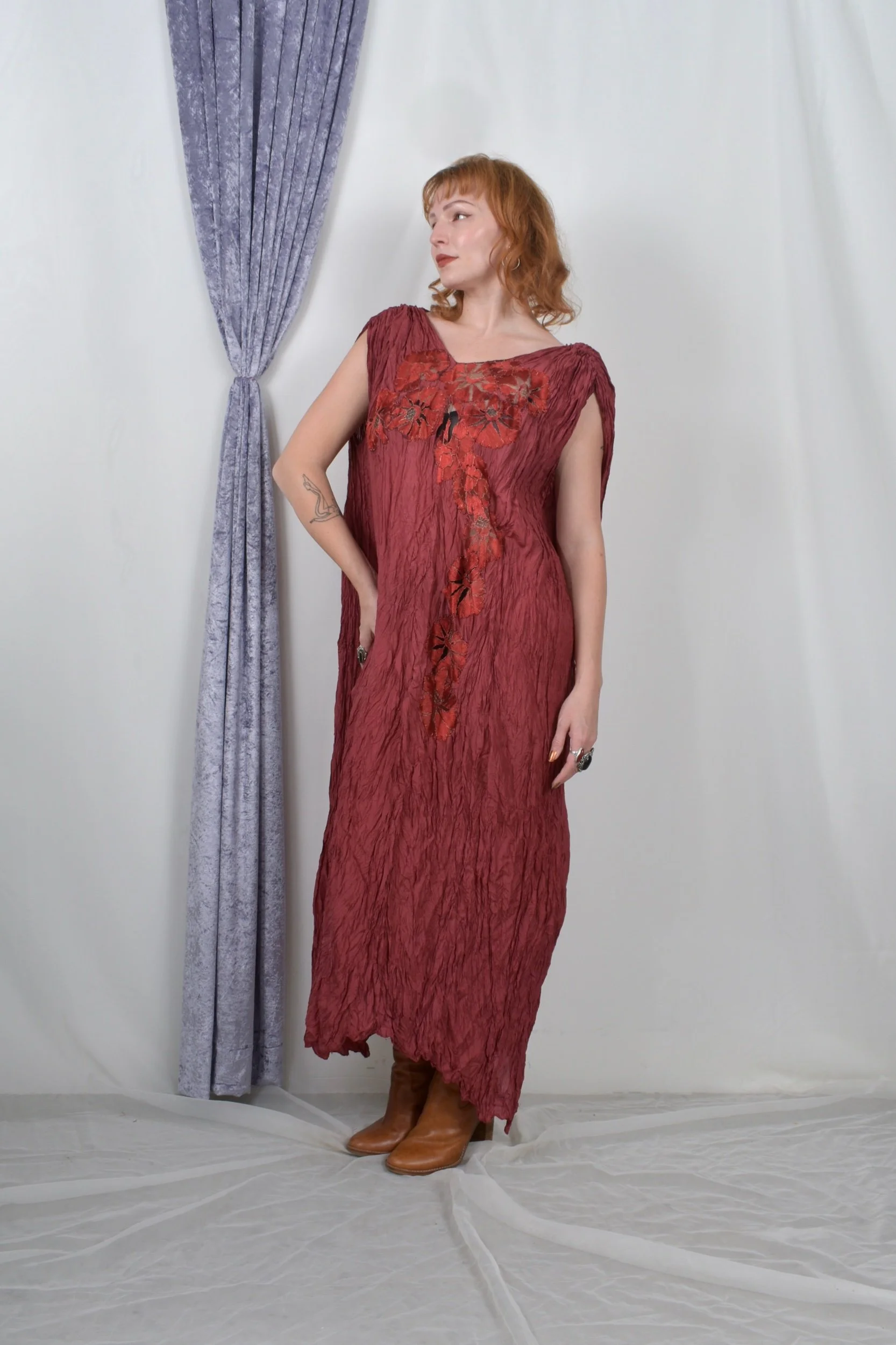 1970s holly lueders red pleated silk dress