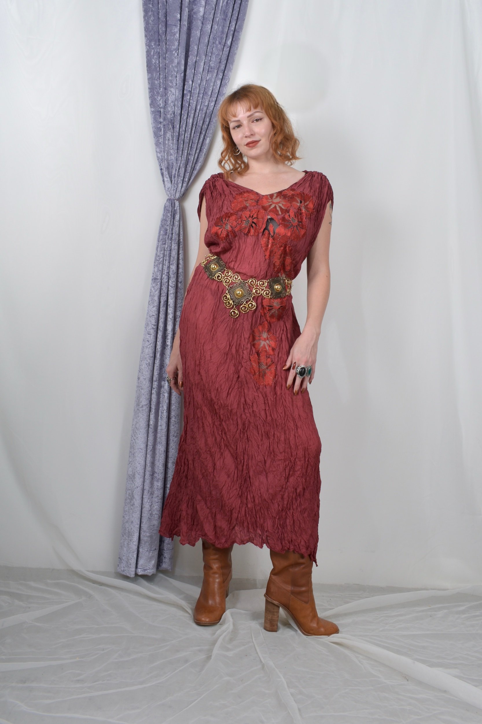 1970s holly lueders red pleated silk dress