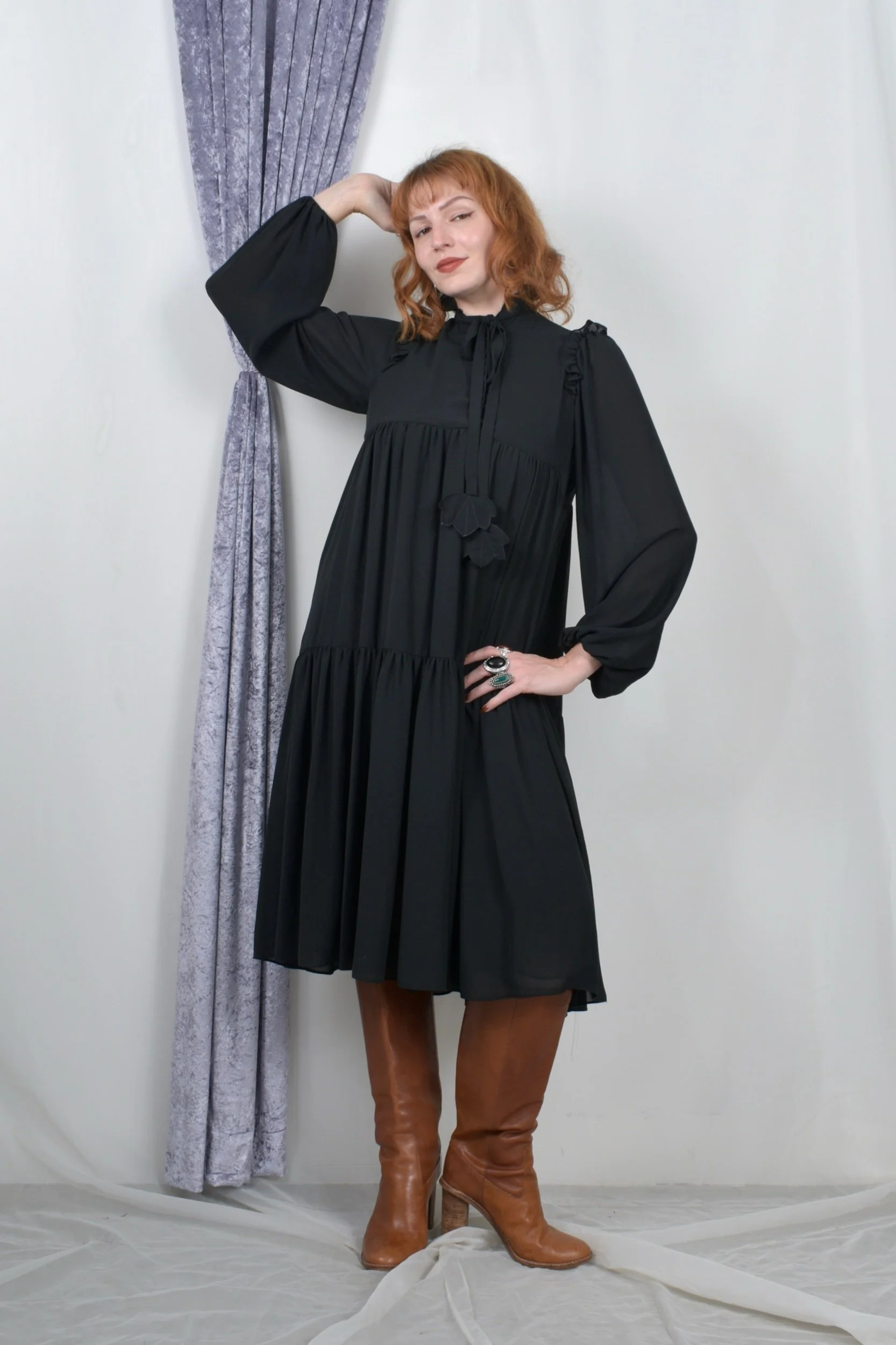 1970s morton myles challis tiered black dress