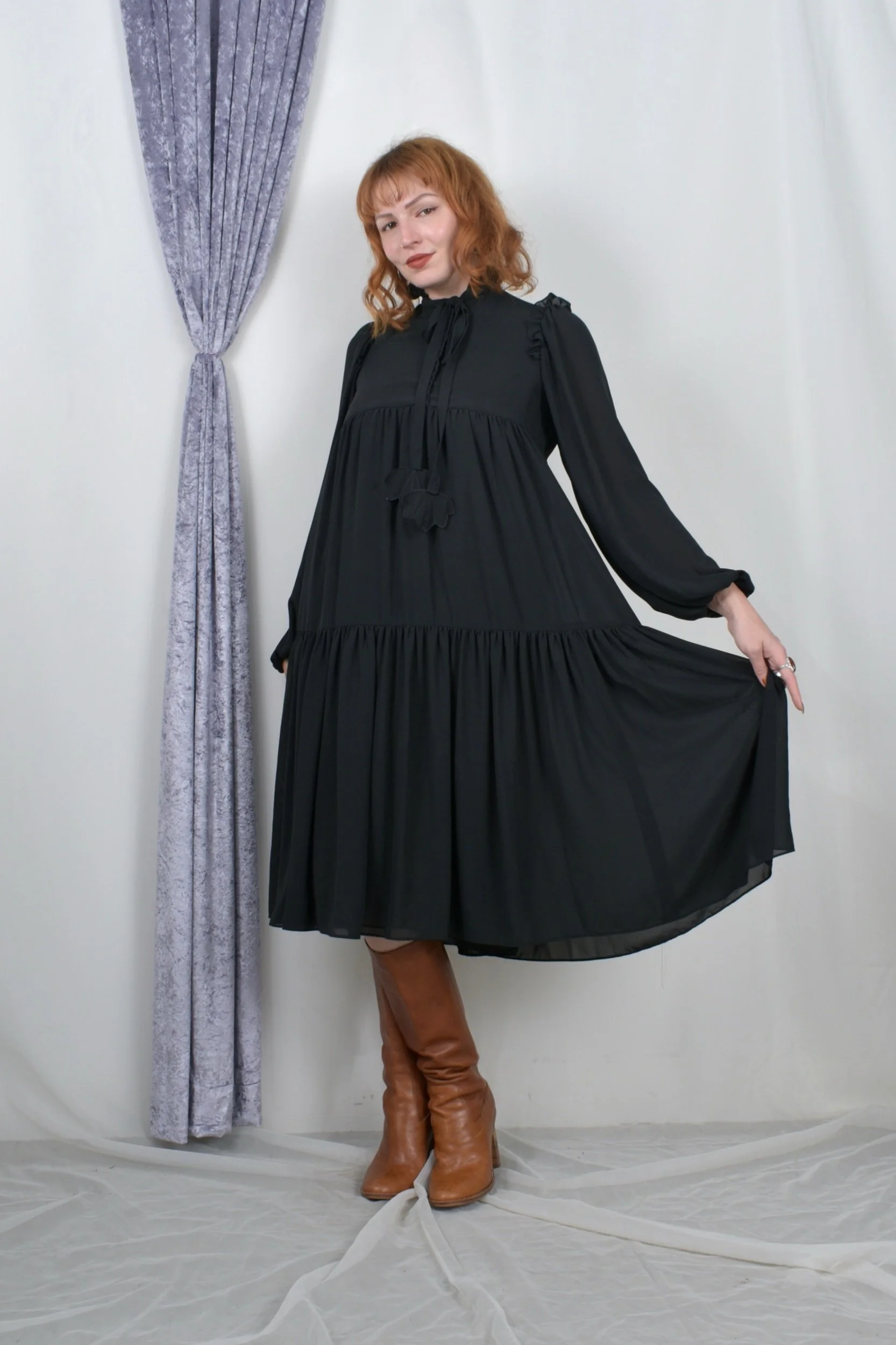 1970s morton myles challis tiered black dress