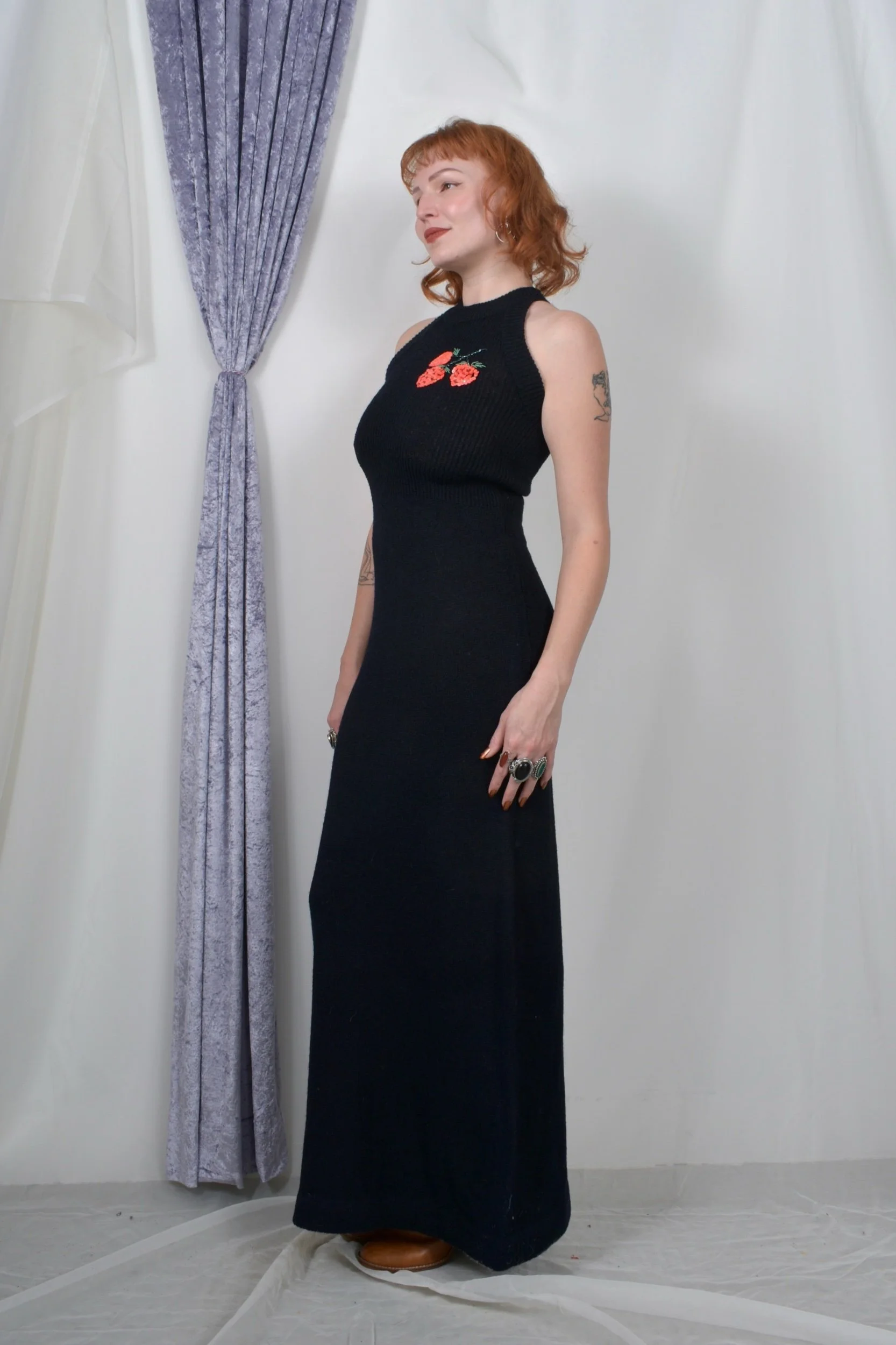 1970s black knit maxi dress with sequined strawberries