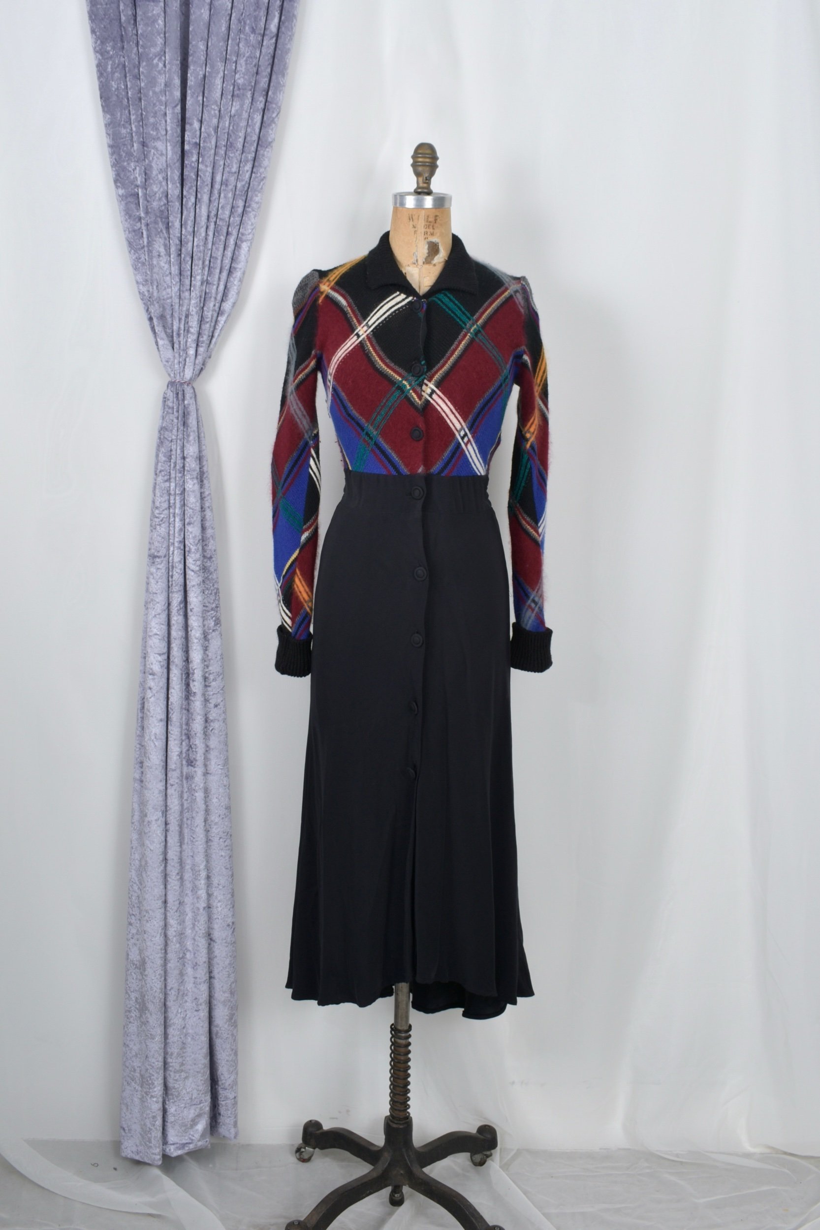 1980s plaid mohair knit dress with silky skirt