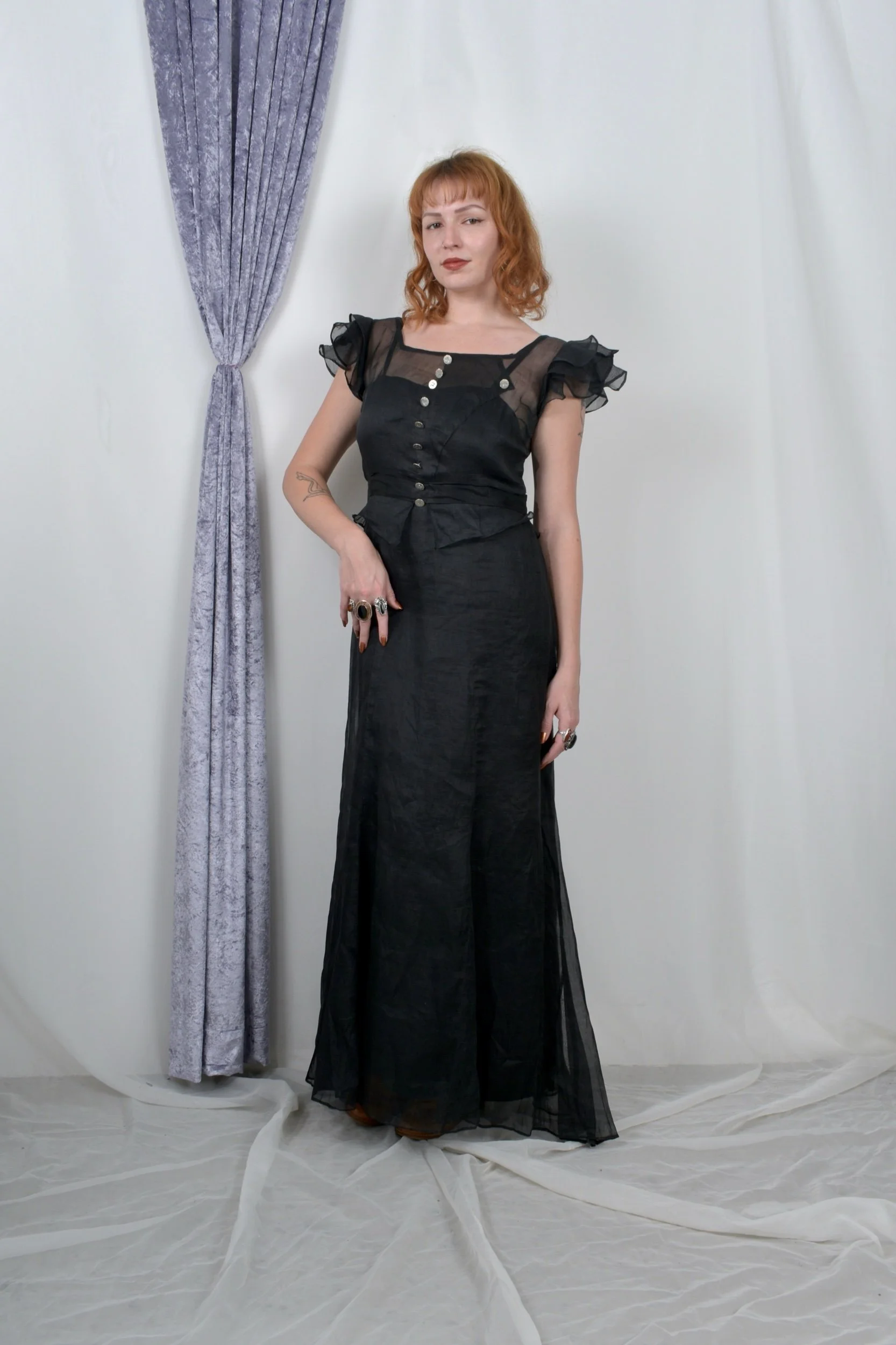 1930s black ruffled organdy gown