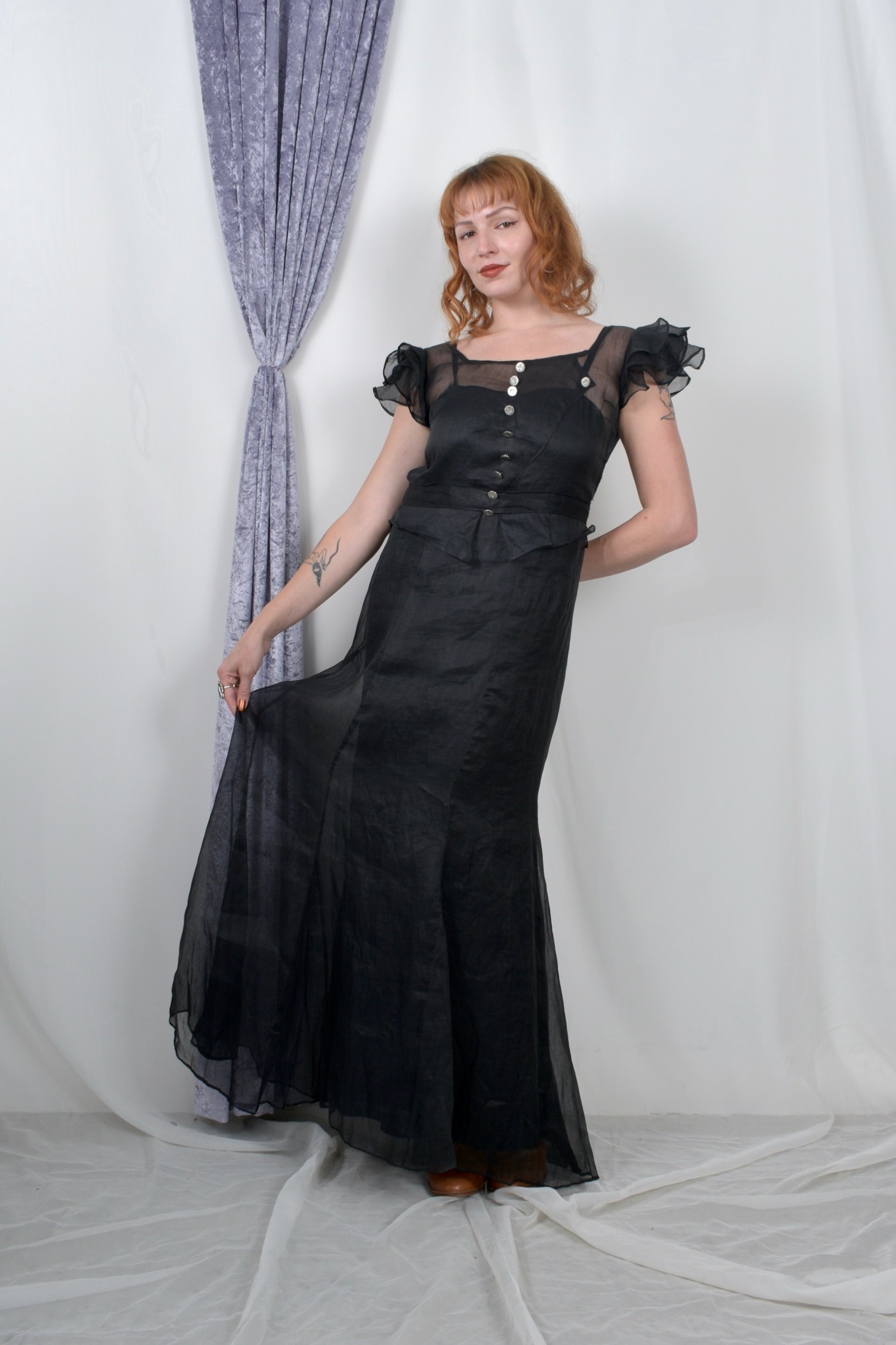 1930s black ruffled organdy gown