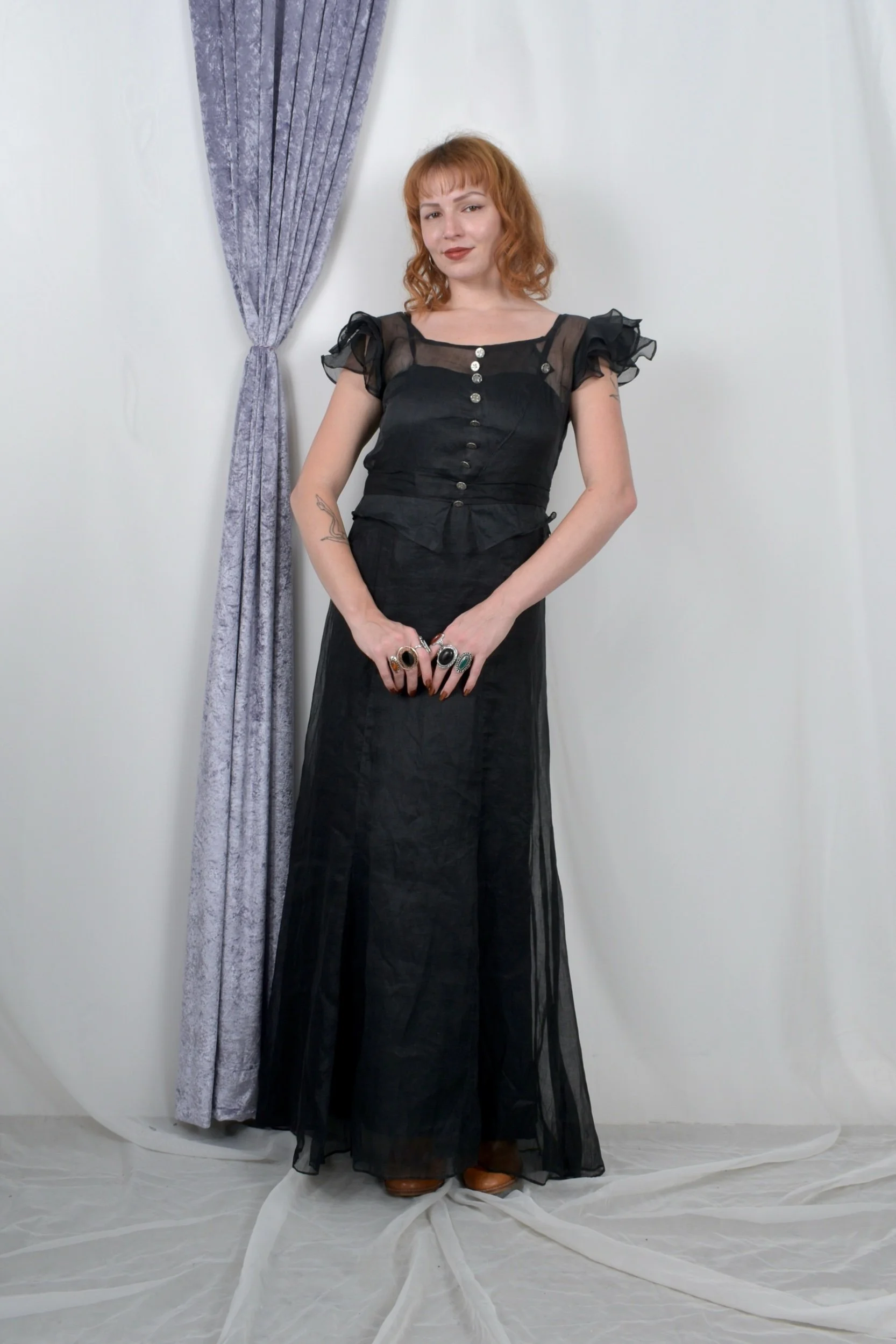 1930s black ruffled organdy gown