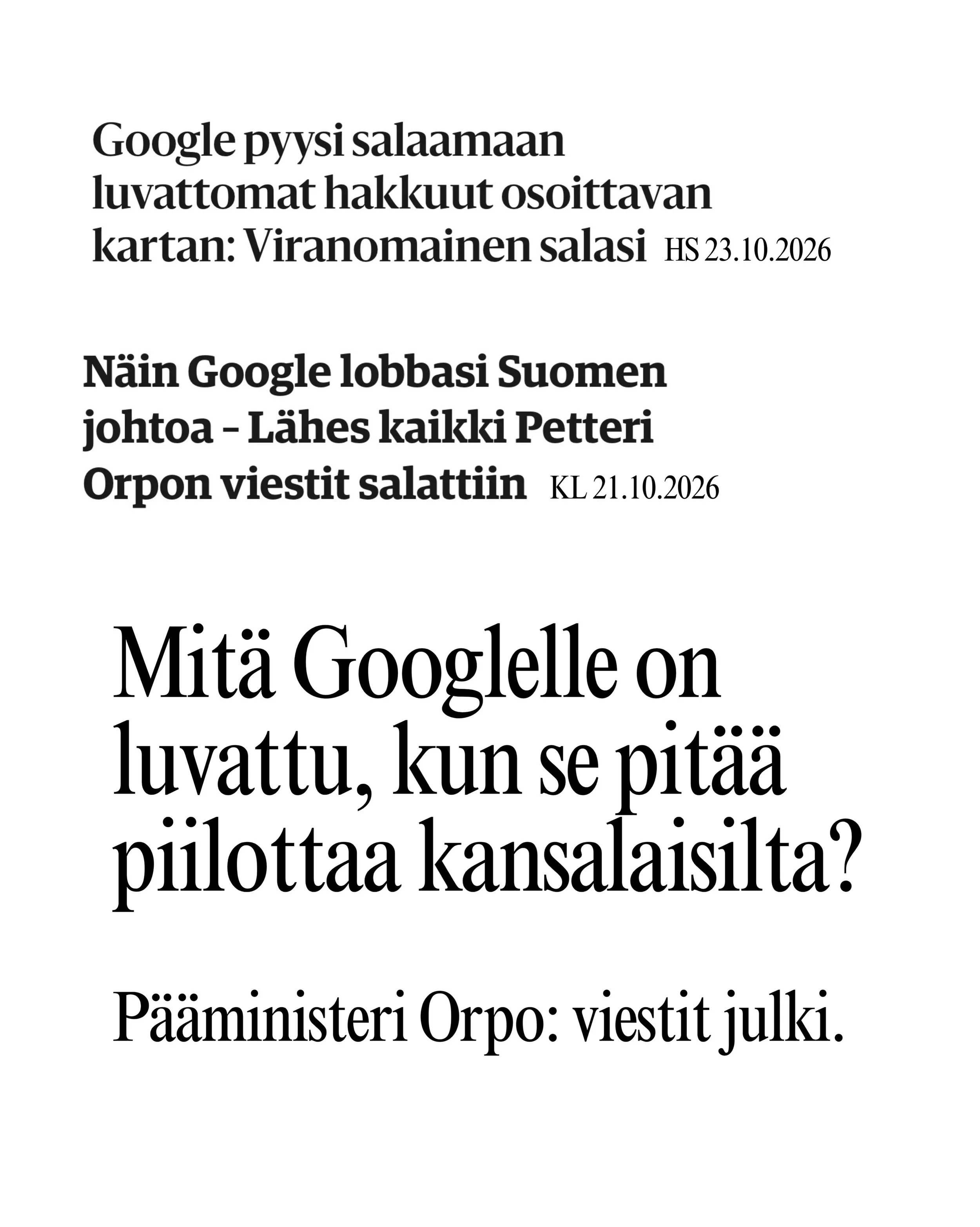 Sotku sakenee. Googlea tutkitaan laittomista mets&auml;hakkuista datakeskusten tielt&auml;. Samalla viranomaiset ovat salailleet asiakirjoja, ja valtioneuvoston kanslia ei suostu luovuttamaan Googlen ja p&auml;&auml;ministeri Petteri Orpon v&auml;lis