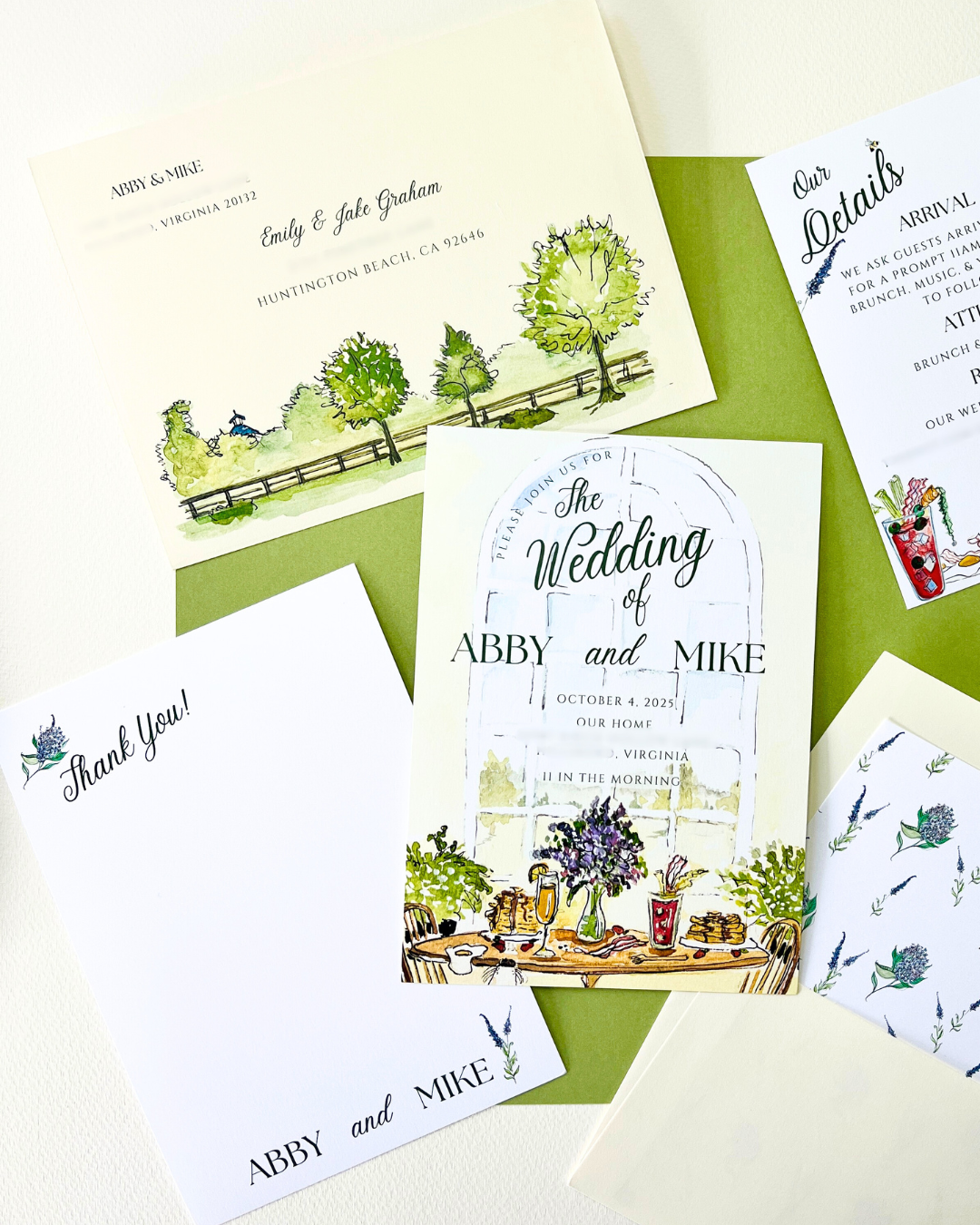 A collection of wedding invitation and thank you cards with watercolor and illustrated designs, featuring trees, flowers, and a table setting.