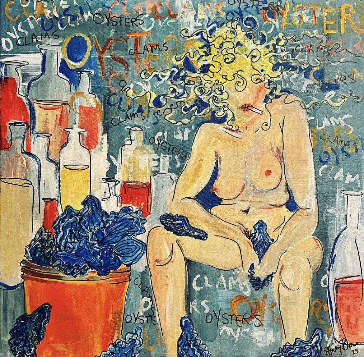 An abstract painting of a nude woman sitting with curly hair surrounded by various bottles, with words like "clams," "oysters,"repeatedly written in the background.