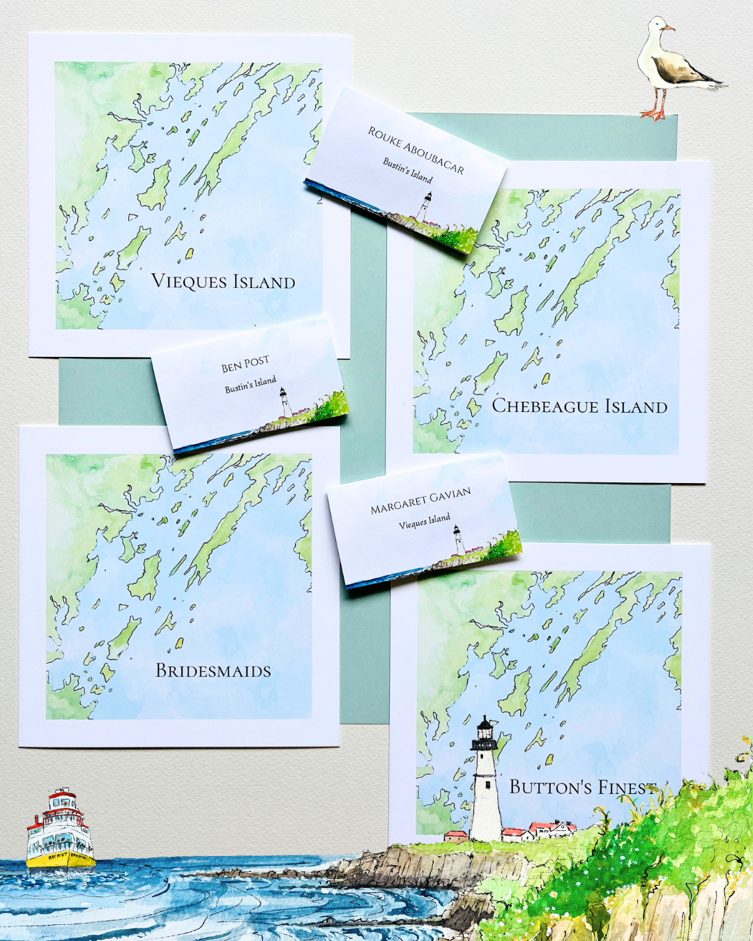 Illustrated maps of the islands Vieques Island, Chebeague Island, Brdiesmaids, and Button's Fines, with small cards labeled with names and Bustin's Island lighthouse, on a background with a seascape and a bird on a table.