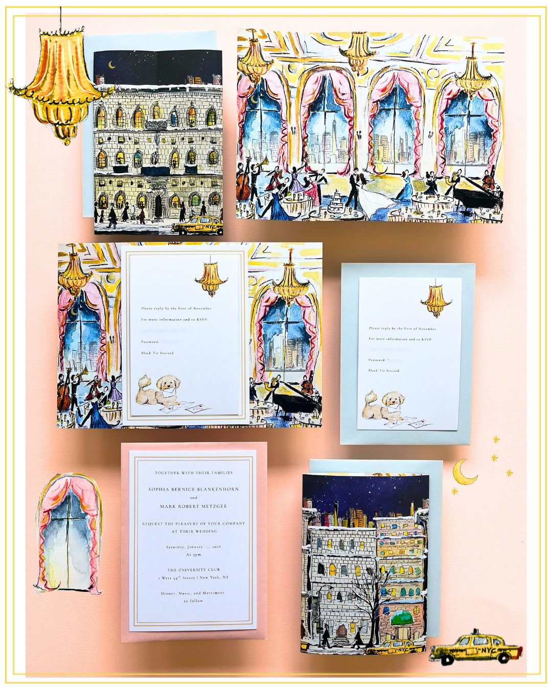 Set of illustrated wedding invitations featuring scenes of a cityscape and an interior ballroom setting, decorated with violet and gold drapes and chandeliers, with illustrations of a yellow NYC taxi, moon, and stars on a peach background.