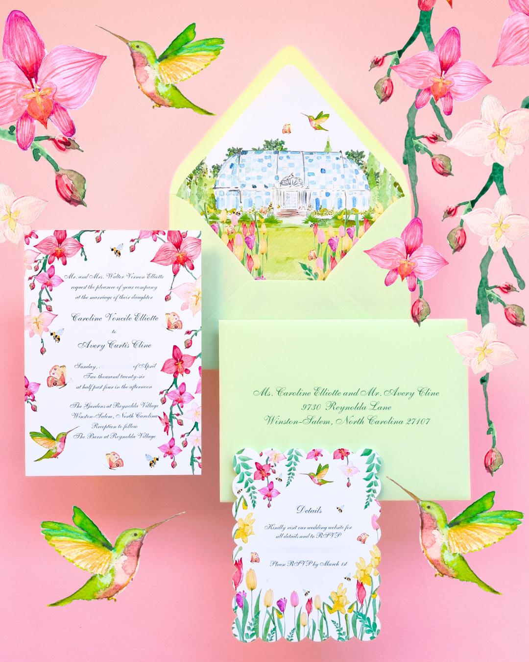 Set of illustrated wedding invitations, RSVP cards, menu, and save-the-date cards featuring coastal scenery and watercolor illustrations of beaches, lighthouses, and islands, arranged with sprigs of greenery.