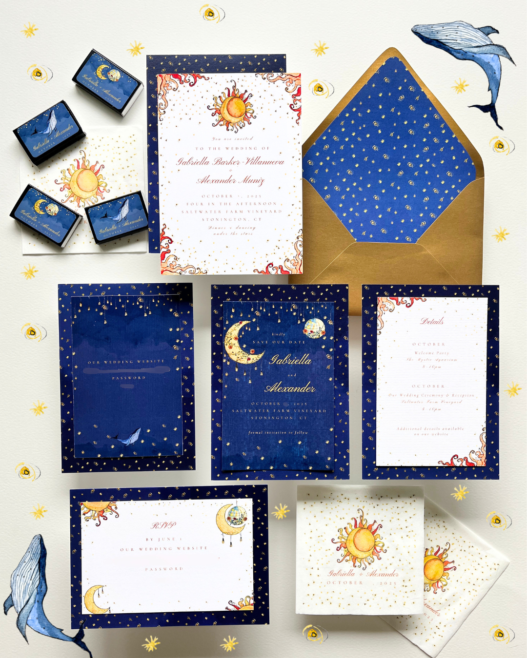 It's a set of celestial-themed wedding invitation stationery and accessories on a white background with star and whale illustrations. The set includes invitation cards, save-the-date cards, details cards, RSVP cards, a golden envelope, and small deco