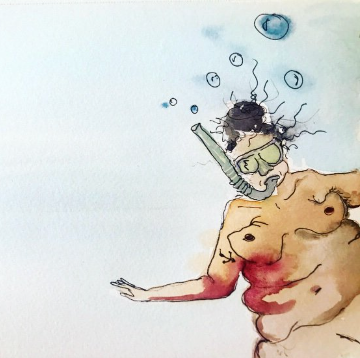 Illustration of a person with curly hair wearing goggles and a snorkel, happily floating in the sea!