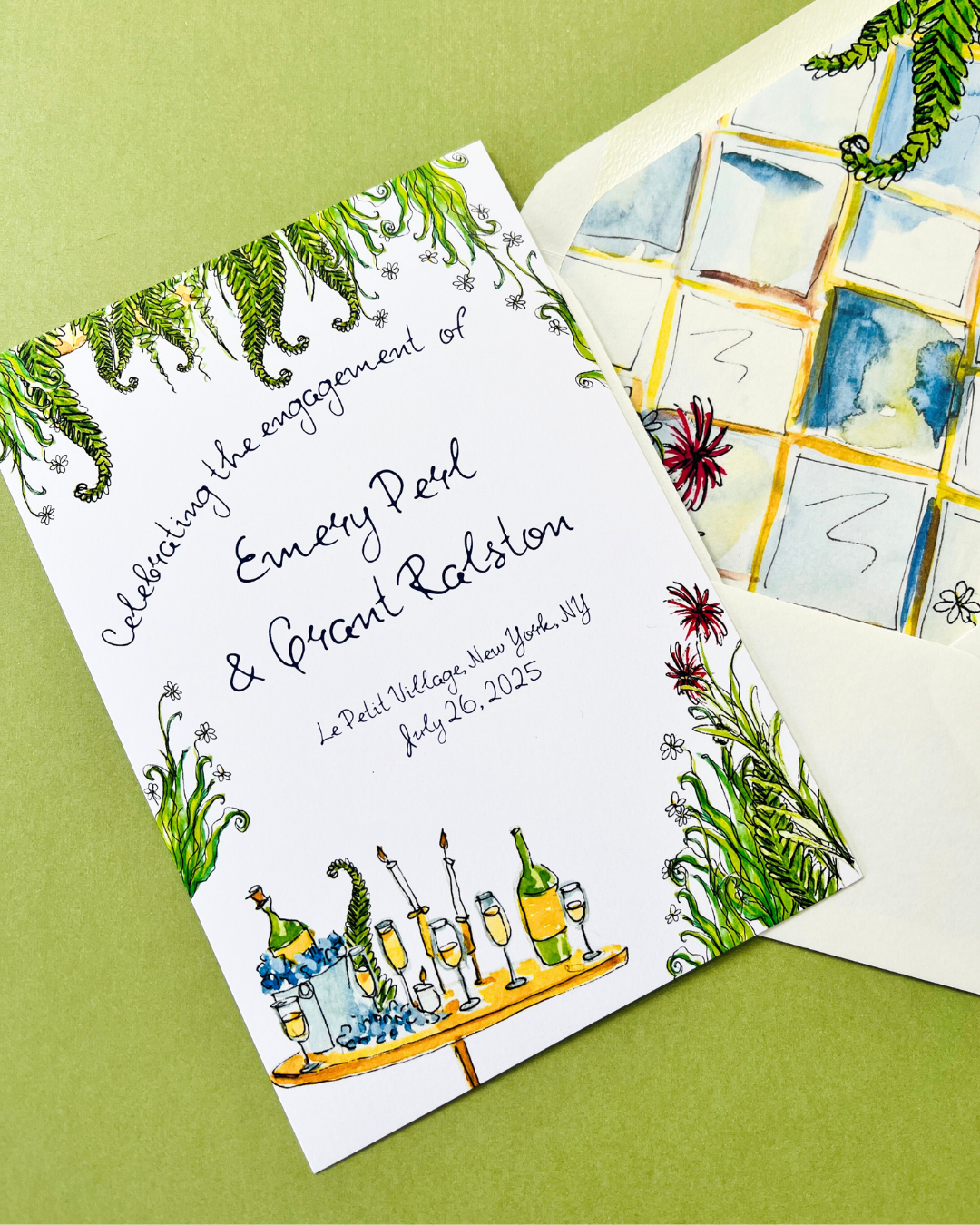 Invitation card with floral border and illustrations of candles, wine bottles, and glasses, for a celebration of engagement.