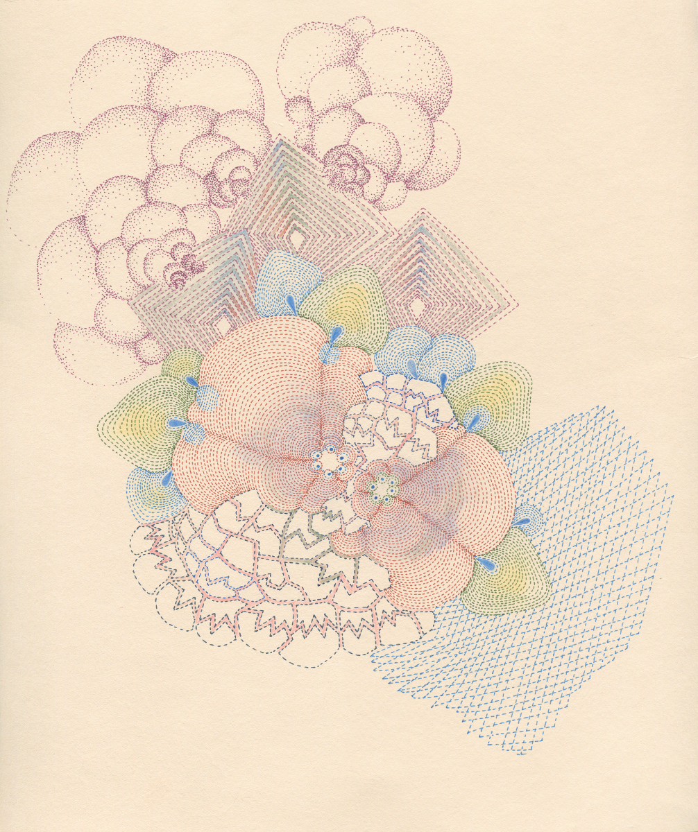Dyad Locule Squeeze. Ink and colored pencil on paper, 11 x 13 inches.
