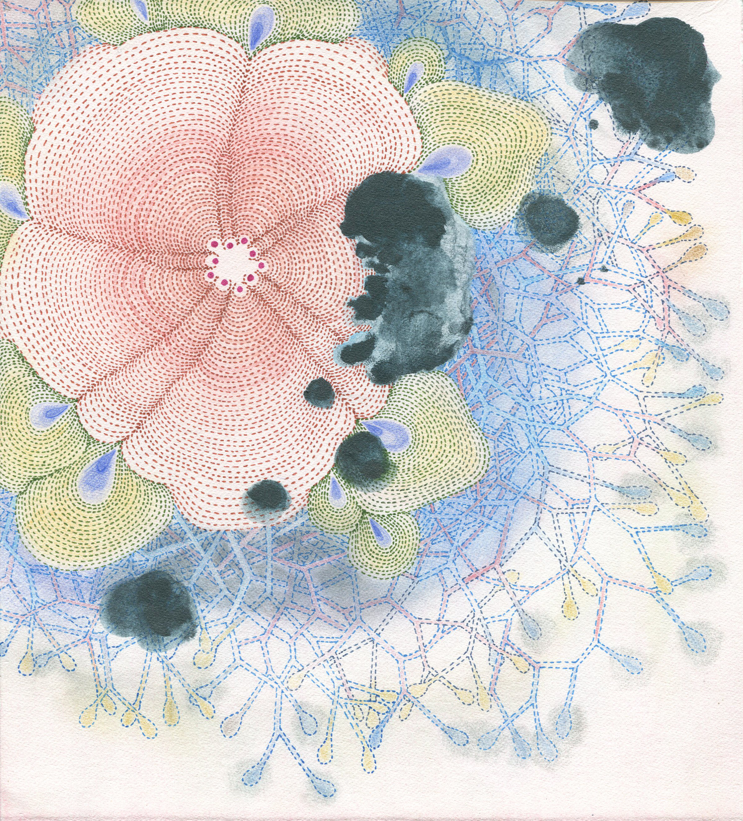 Hyphae Dark Spots. Ink, colored pencil and graphite on paper, 8 x 9 inches.