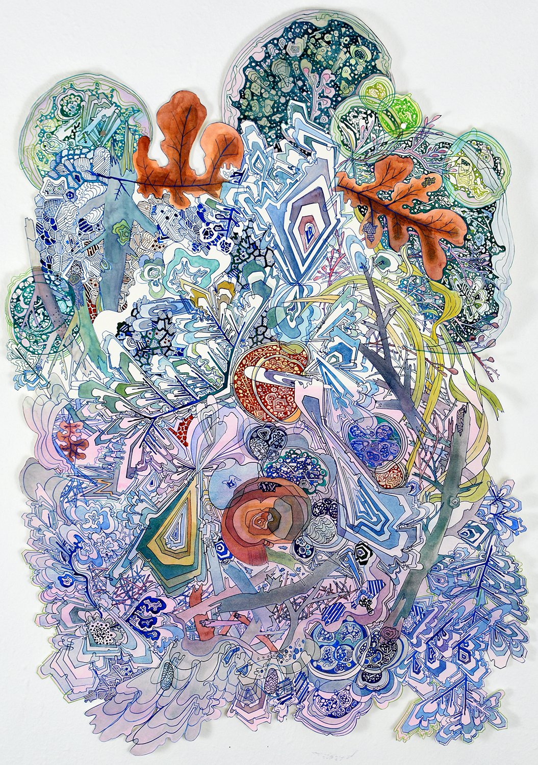 Slow Rounding. Ink, glue and watercolor on paper. 32 x 21.125 inches. 