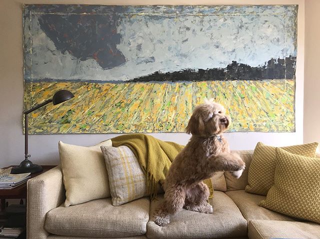 We love our Rumba custom sectional sofa with yellow Calvin fabric complimented by John Robertson&rsquo;s beautiful landscape. (And yes I let Poppy on the sofa!) @hawkinsnewyork @calvinfabrics ⠀⠀⠀⠀⠀⠀⠀⠀⠀⠀⠀ ⠀⠀⠀⠀⠀⠀⠀⠀⠀⠀⠀
#RumbaGallery #JohnRobertson #hawk