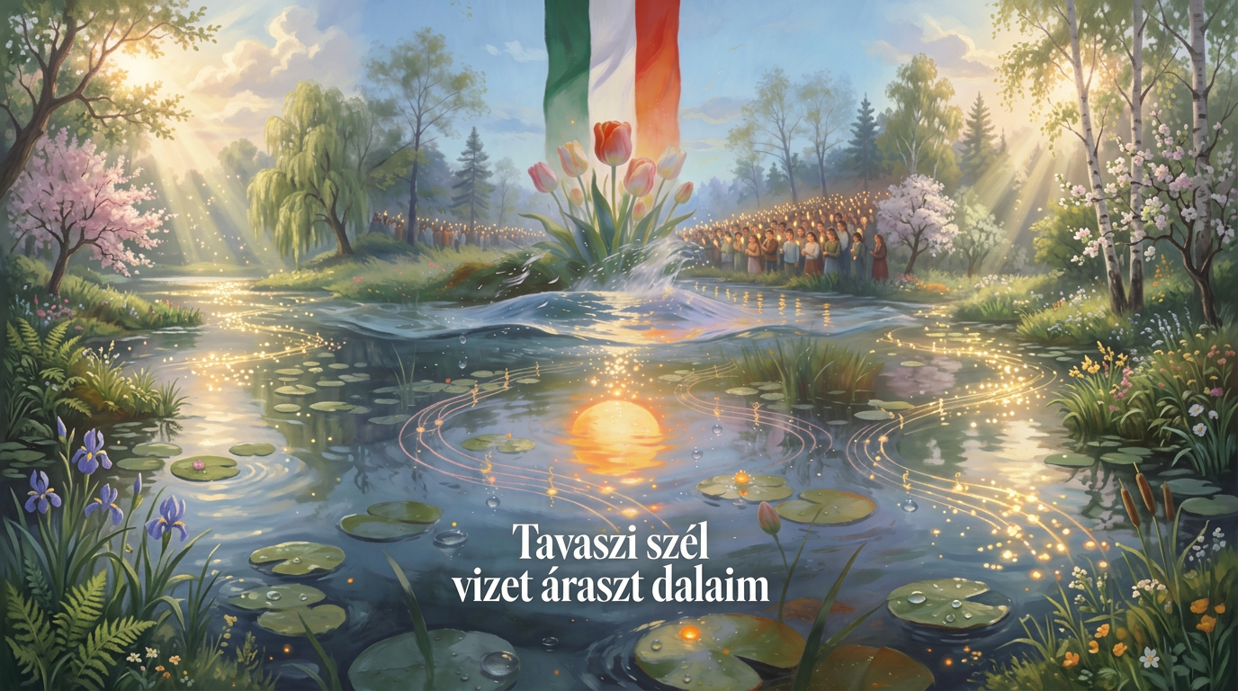 spring waters morning sunlight and hungarian peacufl revolution, youth with cangdle, springing tulips and soft colours