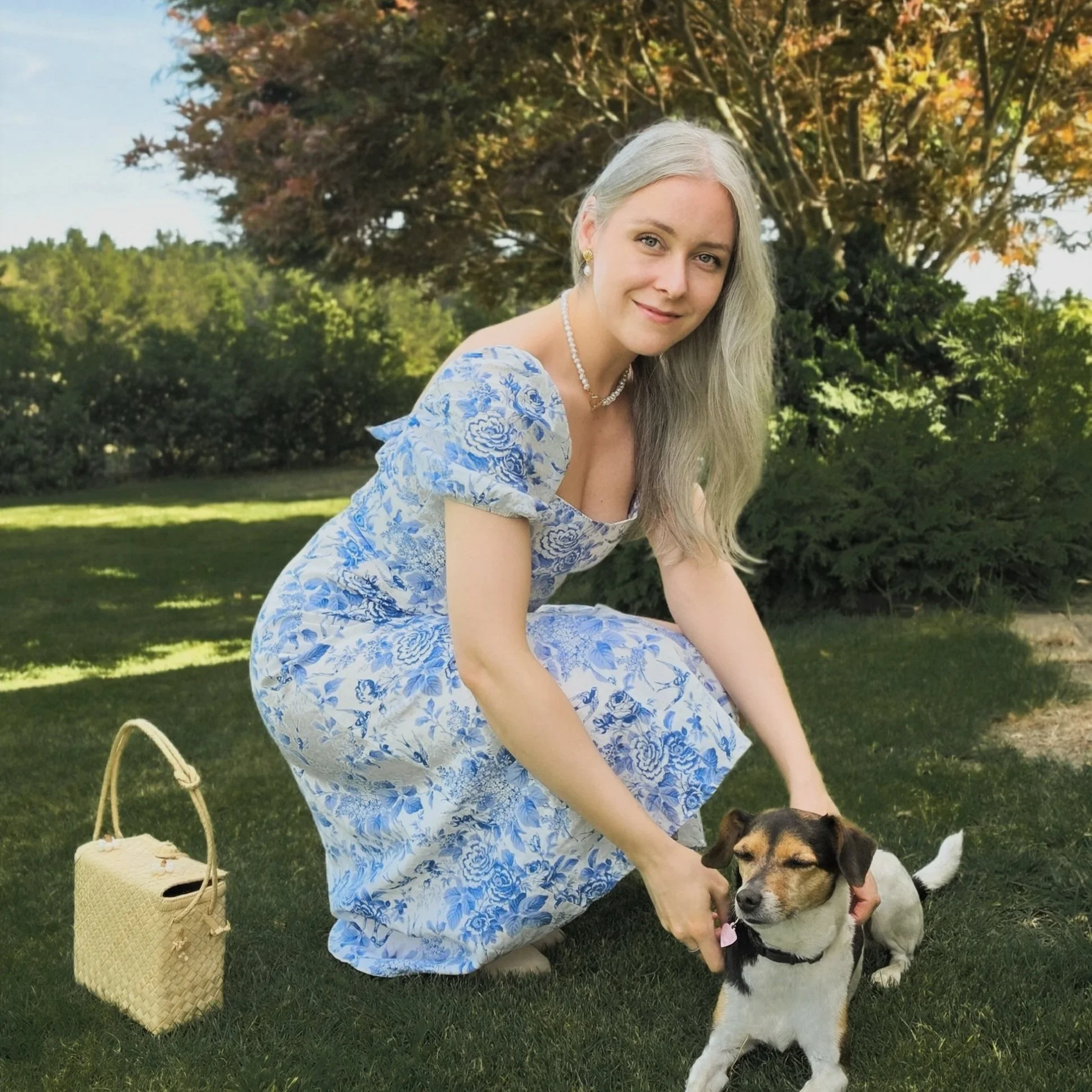 Elegant fashion european young women in a linen dress, white with blue florals petting a cute dog in a garden with a rafia bag. Elegant fashion.