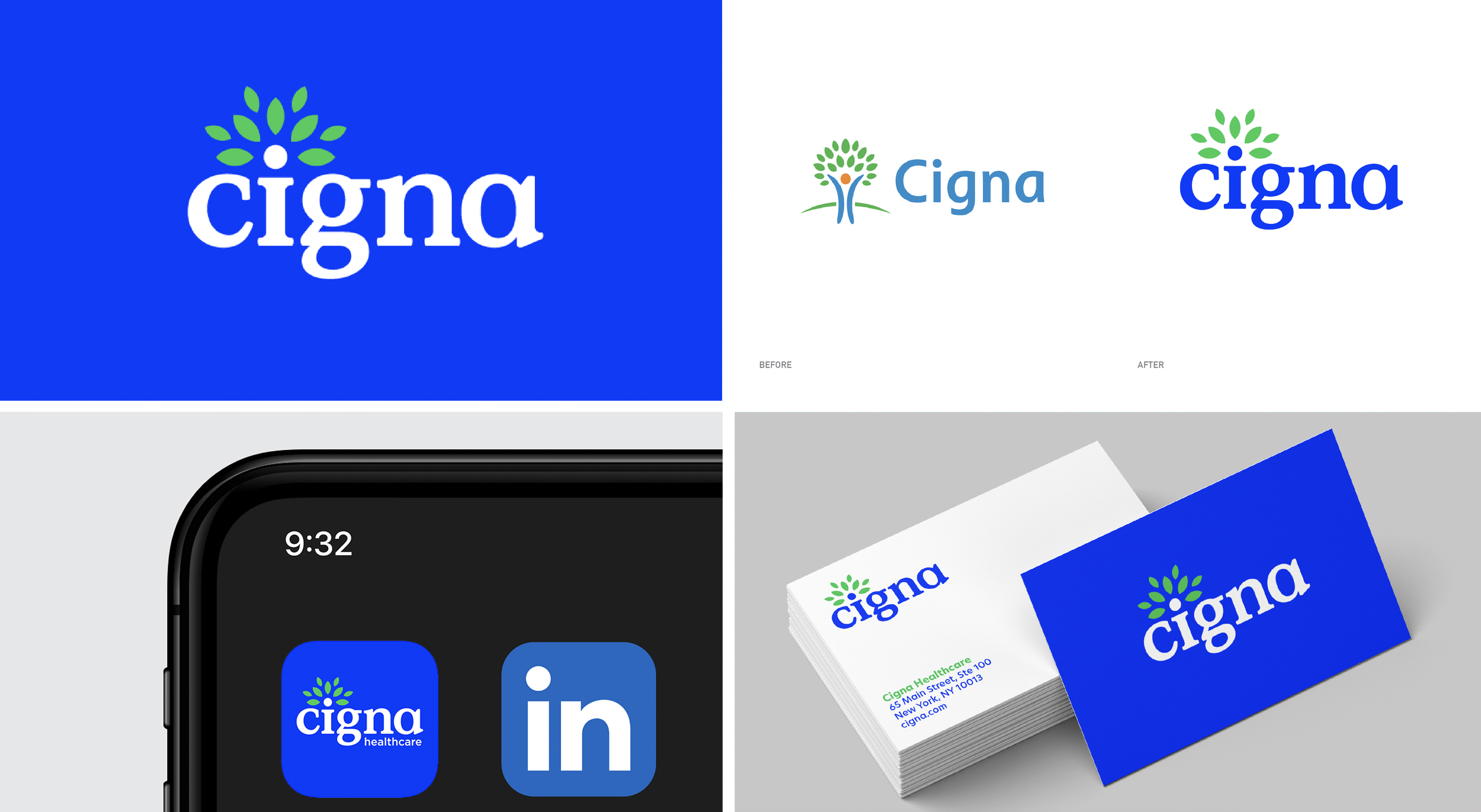    In the revised Cigna logo, the leaves symbolize health and vitality, emphasizing growth, renewal, and the support Cigna provides to individuals. The design features an arch of green leaves above the letter 'i,' visually representing the 'Tree of L