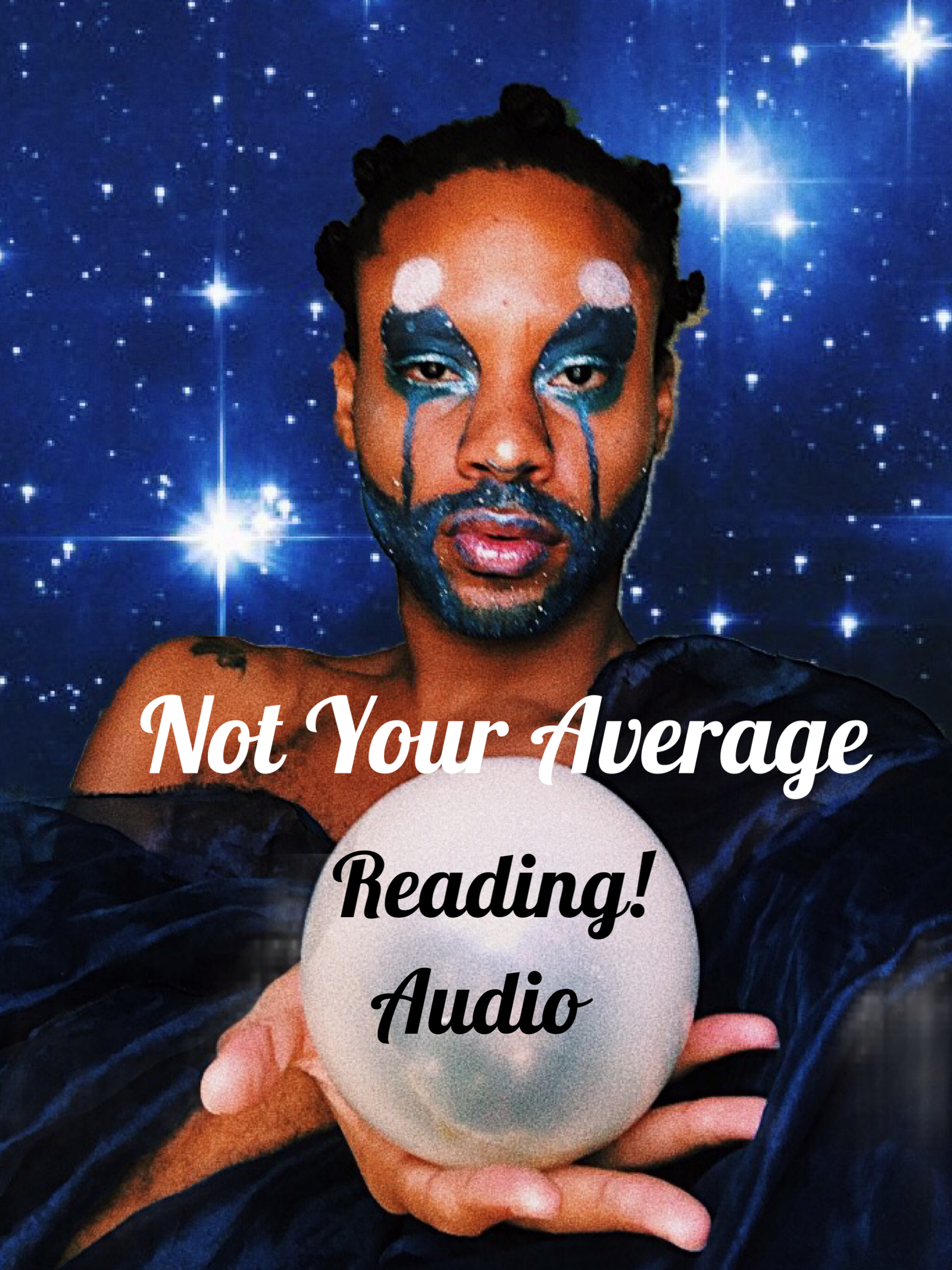 Black Queer Nonbinary Healer Jordi is pictured in front of the Pleadies contellation.  They have blue eye shadow on and white face paint.