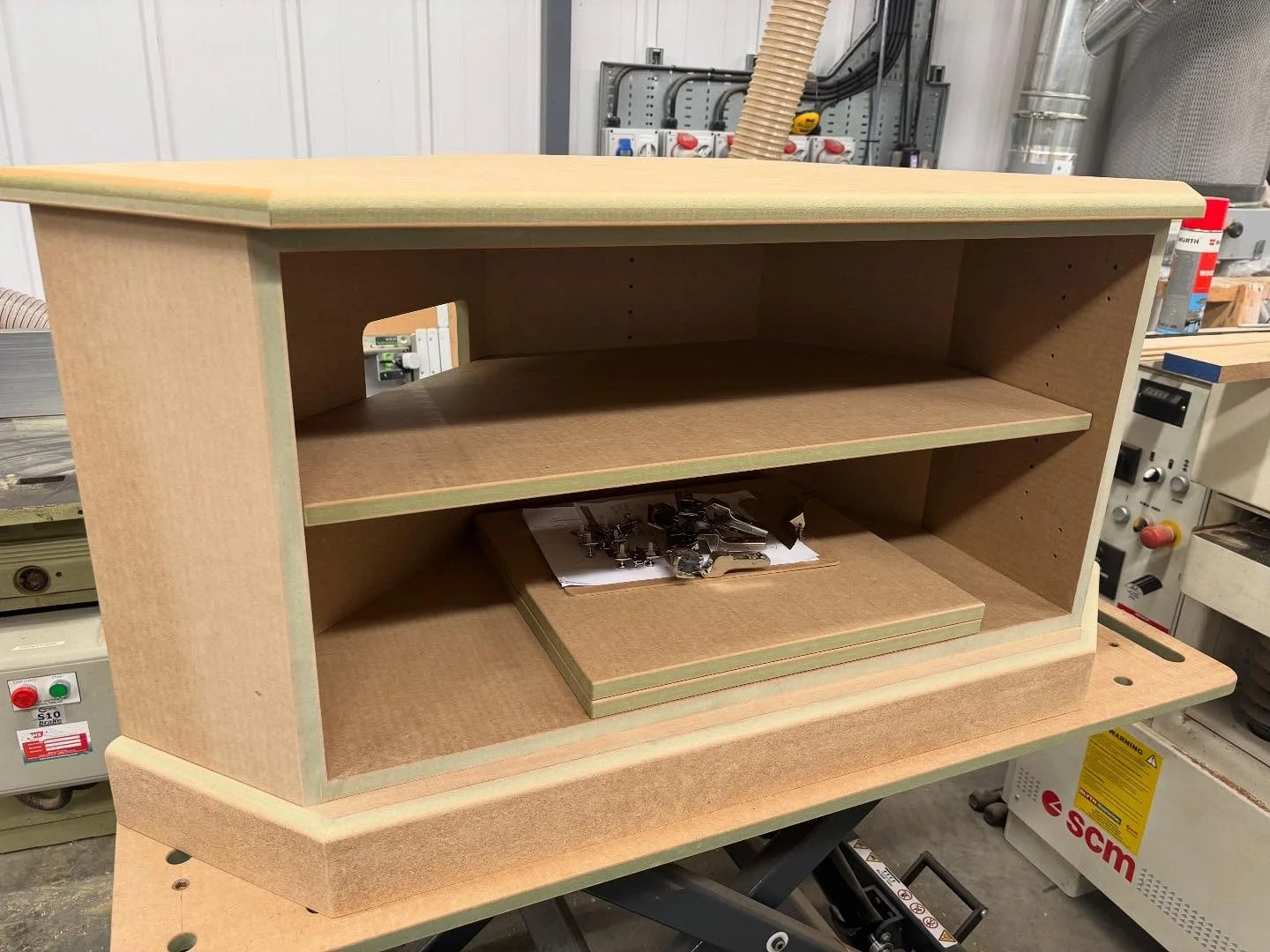 Next one ready for the spray booth. Angled corner tv unit. &ldquo;Yes no problem, so you mean this isn&rsquo;t 45 degrees across the corner&rdquo;. 🤯 

#bespokefurniture #handmadefurnıture #madeinsuffolk