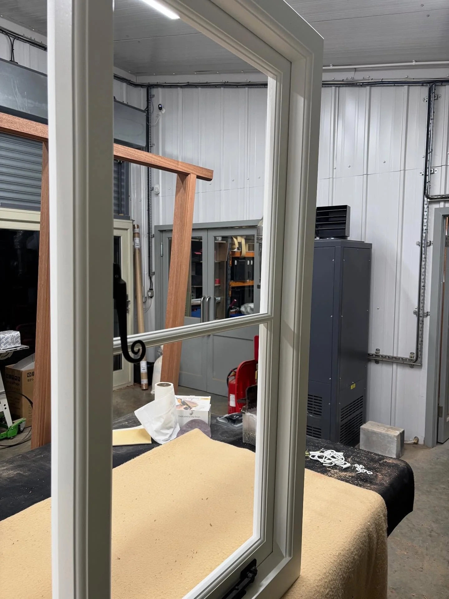 Photo dump from the week.
Finish and spray pair traditional windows. 
Small conservation window ready for Collection,
Another set of wardrobes in Smurf blue, 
Made a start on 3m patio frame making good use of the fire exit. 
Sneak peak at a future pr