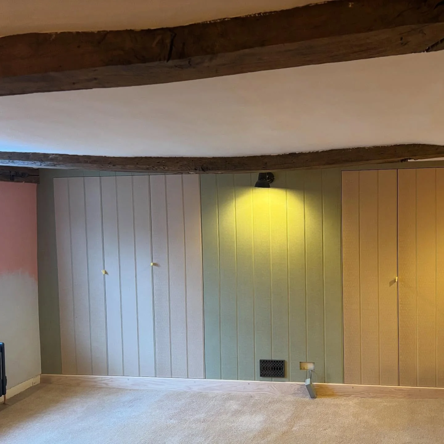Not the usual way I make wardrobes, certainly a challenge in this listed property. Bead and butt style bespoke grooved boarding dividing the space with doors and wall to hide the chimney breast. Many calculations and much confusion i think we got it.