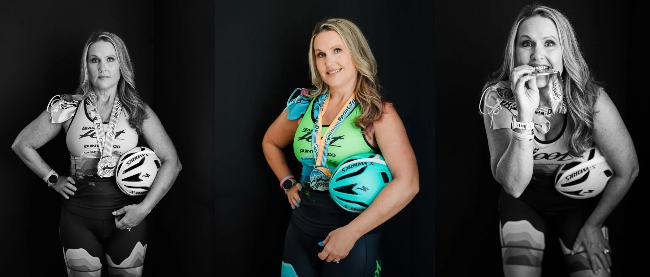 Jenna poses in her triathlon suit with her bike helmet, swim cap, goggles, and medal, representing her triathlon experience in her 50 over 50 Portrait Experience photo shoot with Amanda Faucett Photography in Houston TX
