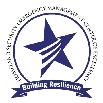 The words, “Homeland Security Emergency Management Center of Excellence” around a circle containing a star with three ascending lines. Beneath a banner, “Building resilience”