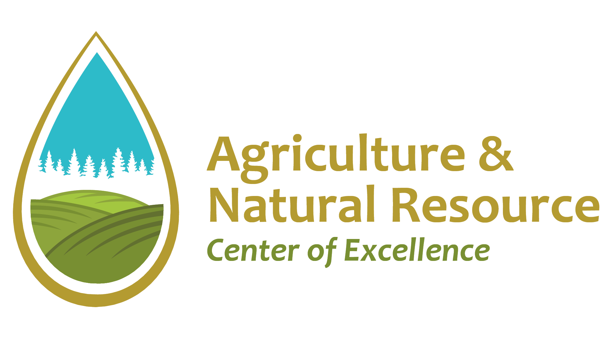 Logo of Agriculture & Natural Resource Center of Excellence, a teardrop shape contains silhouettes of evergreen trees and green fields.