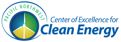 Wind turbine silhouette against a circle with the words Pacific Northwest Center of Excellence for Clean Energy