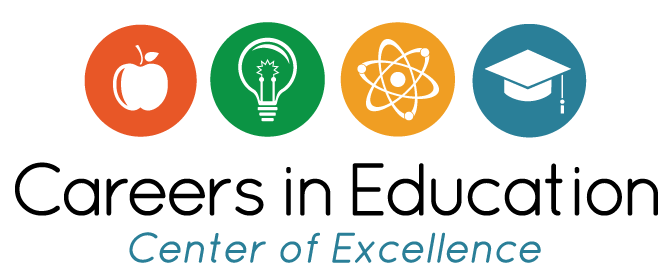 Apple, lightbulb, atom, graduation cap in four circles above the words Careers in Education Center of Excellence