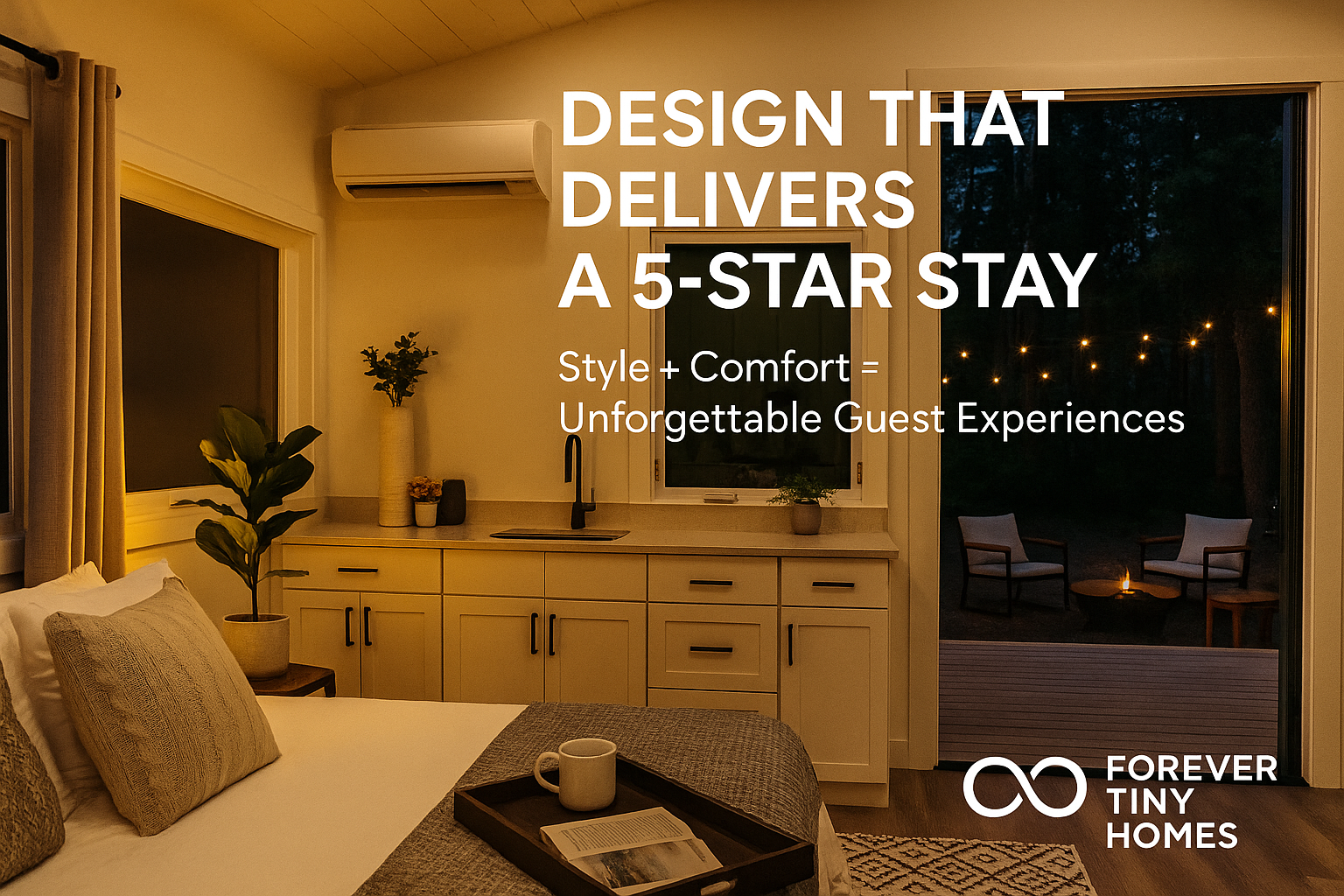 Outdoor setup next to a Forever Tiny Home, featuring patio lights and chairs for Airbnb guests.