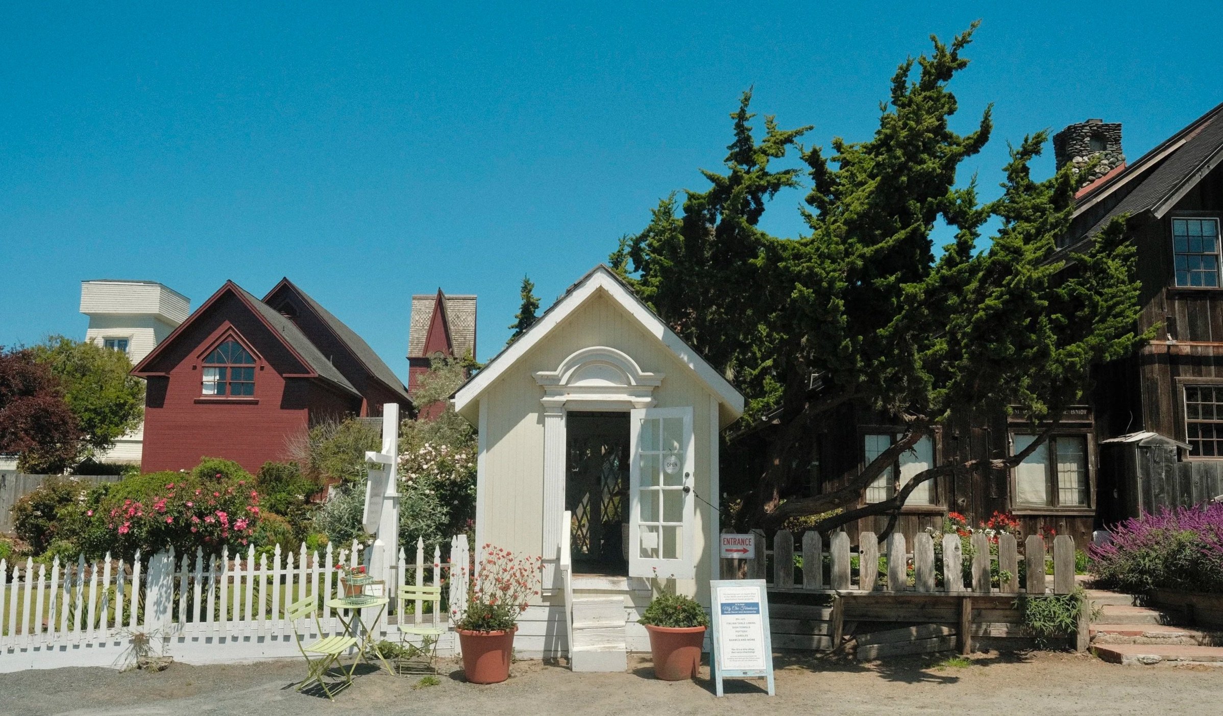 A small white garden shed with an open door, surrounded by potted plants, in front of a white picket fence. Behind the shed, there are colorful flowers, a red house, and tall green trees under a clear blue sky.