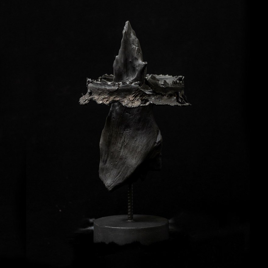 &lsquo;an ominous cloud hangs over sacred land&rsquo;
shou sugi ban (charred wood), tire shred, steel
24&rdquo; x 7&rdquo; x 7&rdquo;
___
this piece was made in direct response to the ongoing destruction and destabilization of our planet. we have one