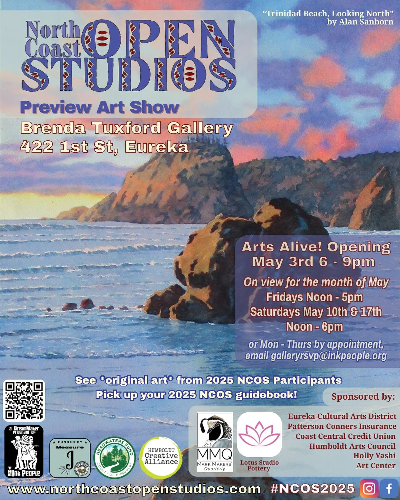 North Coast Open Studios Preview Art Show opens at the Brenda Tuxford Gallery this Saturday, May 3rd, during Arts Alive! See original art from 2025 NCOS Participants and pick up your 2025 NCOS guidebook!

In the NCOS guidebook you will find 100+ list