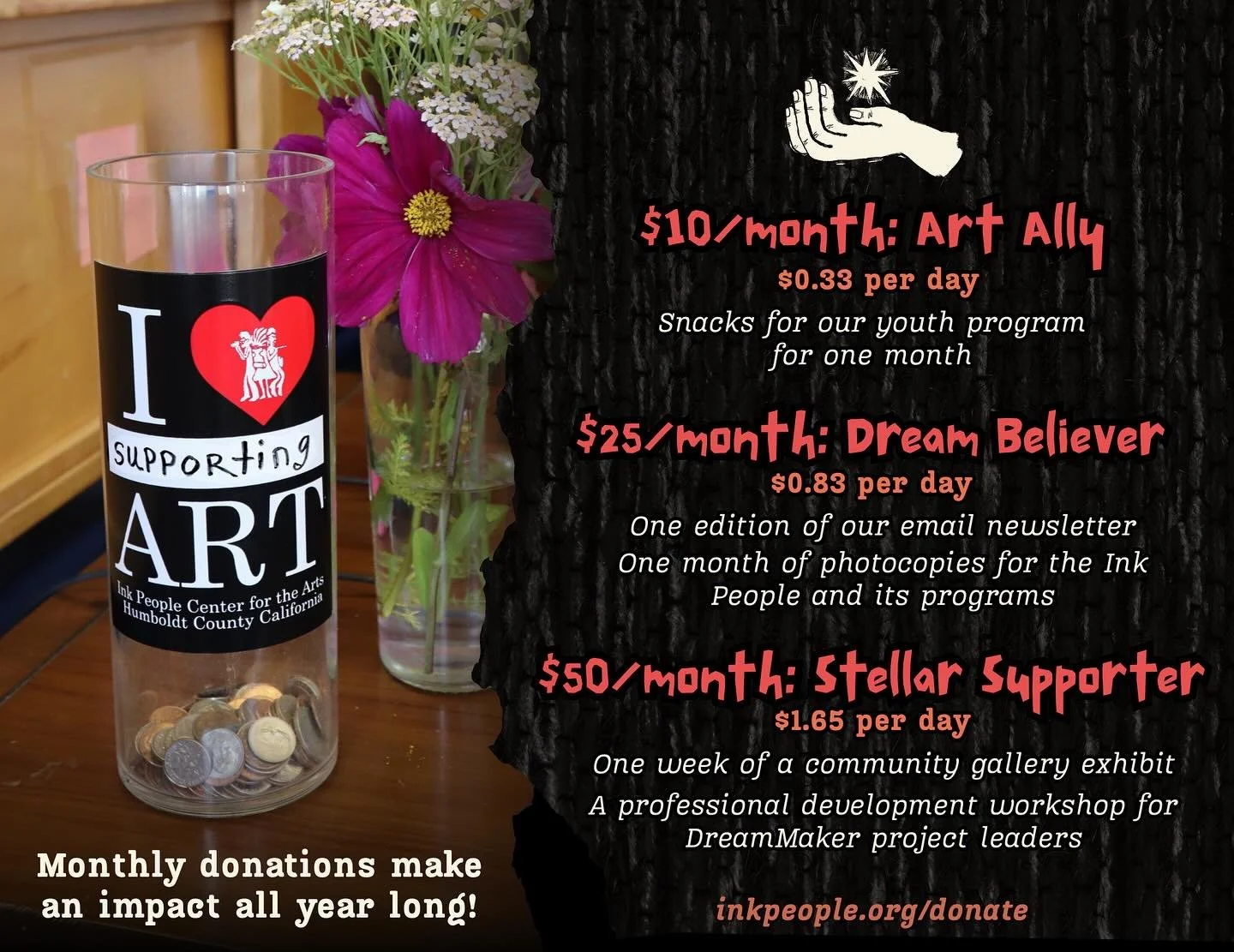 Monthly donations make an impact all year long!

Become a recurring donor today and help us reach our goal of 50 new monthly donors by September 22nd. A gift of $10, $25, or $50 a month supports the Ink People&rsquo;s youth program MARZ, our communit