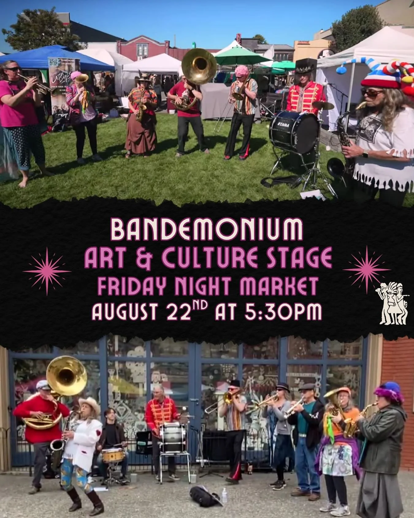This Friday August 22nd Bandemonium will be performing at the Art and Culture stage during Friday Night Market! 

Bandemonium is a horn and drum band built on the world village band tradition of all acoustic, street ready grooves. They learn our tune