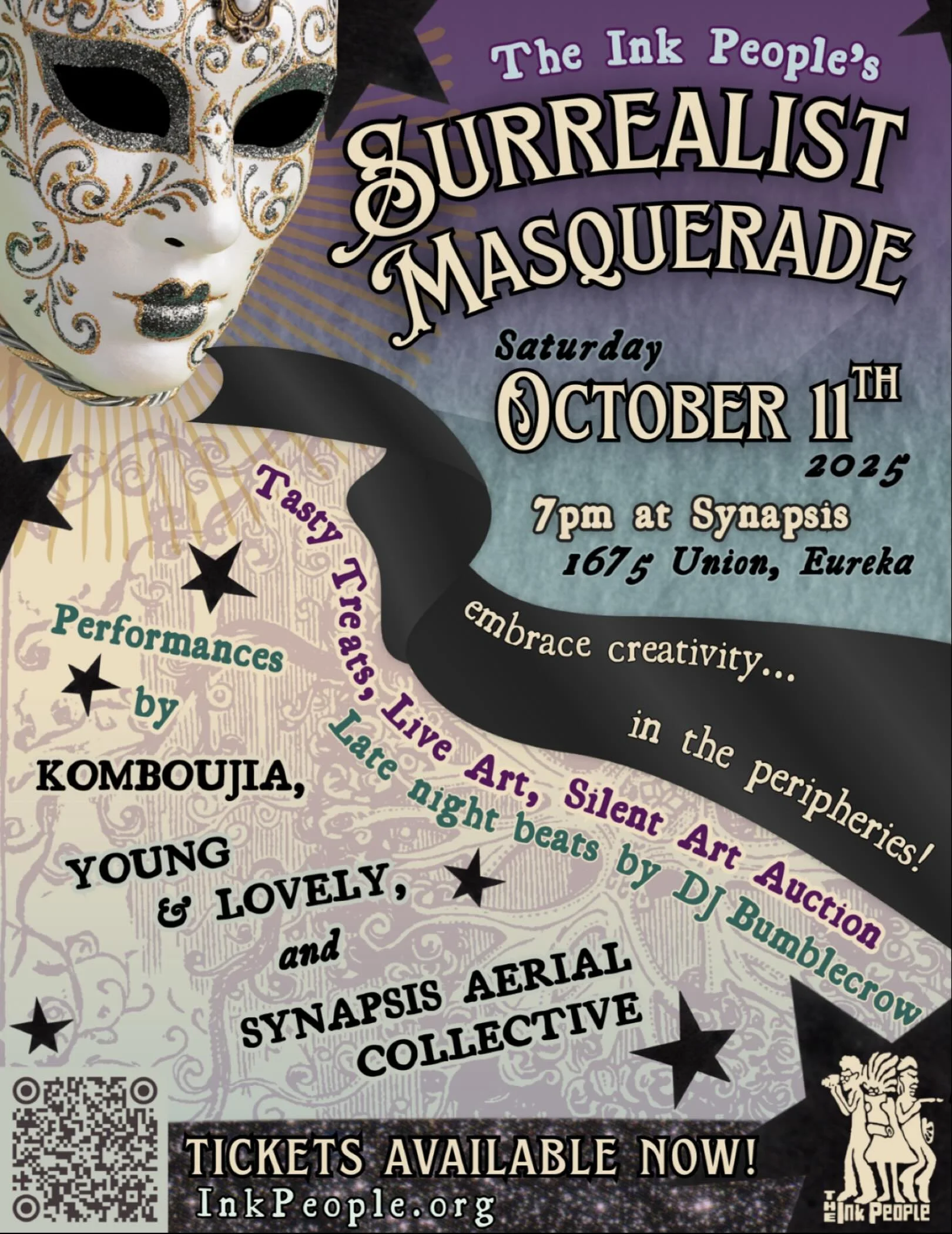 The Ink People&rsquo;s Surrealist Masquerade is on Saturday, October 11th! 
The surrealist theme invites you to bring your own unique vision to life in celebration of all that is strangely beautiful and mysteriously creative.🌀🎭

Tasty treats from C