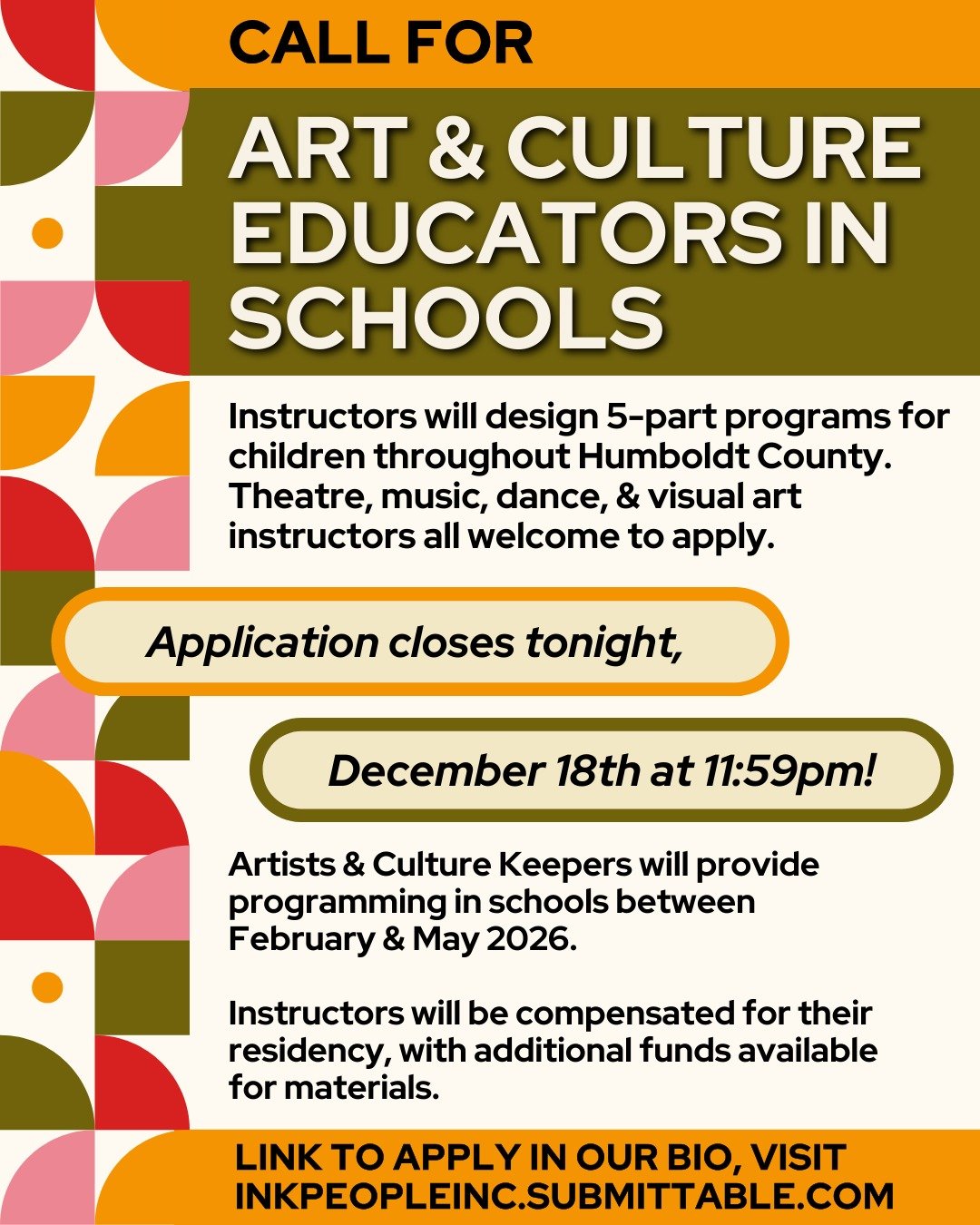 Applications for Art &amp; Culture Educators in Schools must be submitted by TONIGHT, Thursday December 18th 11:59pm!🌟 Submit your application and read full program details at the link in our bio!

The Ink People Center for Arts &amp; Culture, in pa