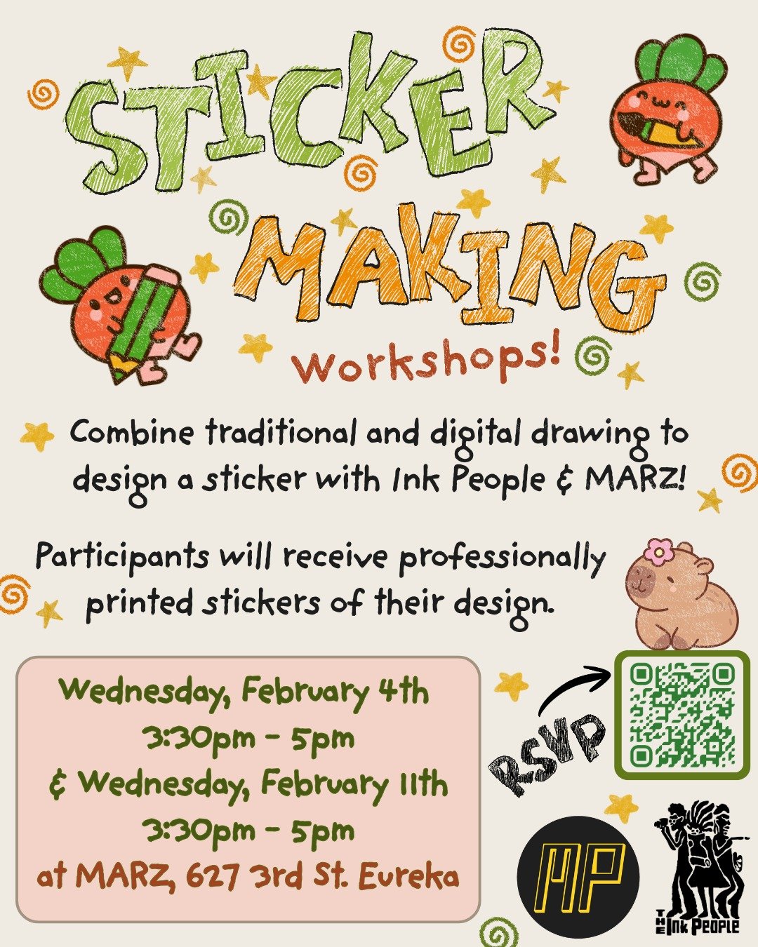 Happening today, 
MARZ Sticker Making Workshops!

Combine traditional and digital drawing to design a sticker with Ink People &amp; MARZ! 

Participants will receive professionally printed stickers of their design. 

Wednesday, February 11th 3:30pm -