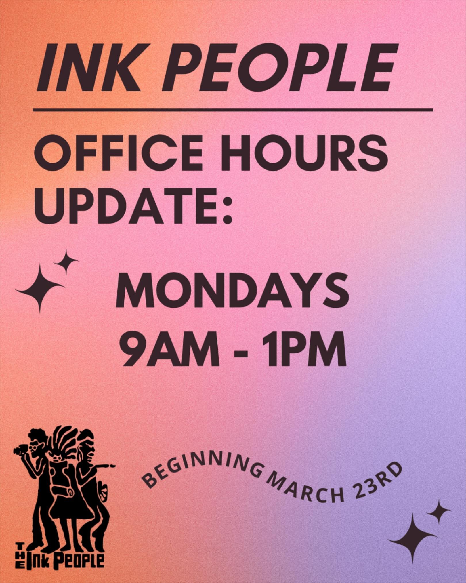 Starting today our office hours will have an updated schedule! 
Mondays: 9am - 1pm 
Tuesdays, Wednesdays, Thursdays: 9am - 5pm 
Fridays: 9am - 4pm 

Monday hours are modified to support our Movement Building for DreamMaker leaders series. Thanks for 