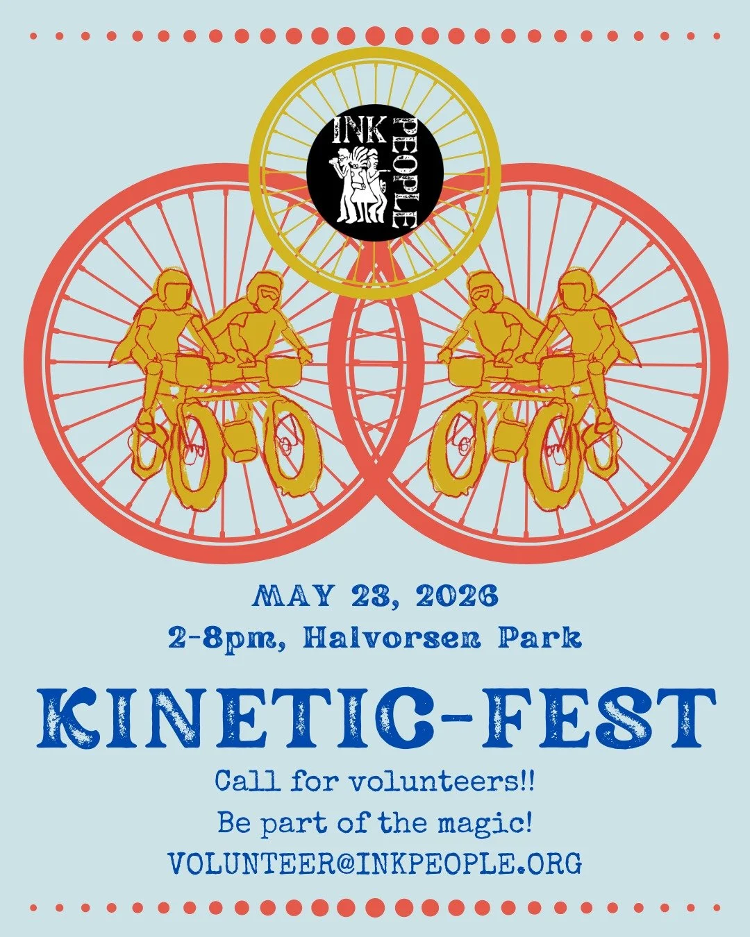 Kinetic-Fest is back! 
On May 23rd, 2026 from 2pm-8pm a glorious celebration will take place at Halverson Park. Kinetic-Fest will wrap up day one of the Kinetic Grand Championship with live music, food, kinetic sculptures, and artisan vendors. 

Volu