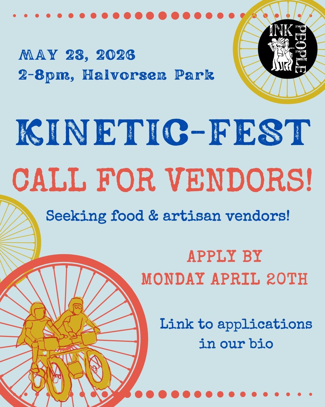 Call for Vendors! 

Seeking food trucks/booths! Kinetic-Fest aligns with dinnertime as the racers emerge from Humboldt Bay, vendors benefit from high foot traffic &amp; eager diners. We strongly recommend the ability to produce food quickly &amp; at 