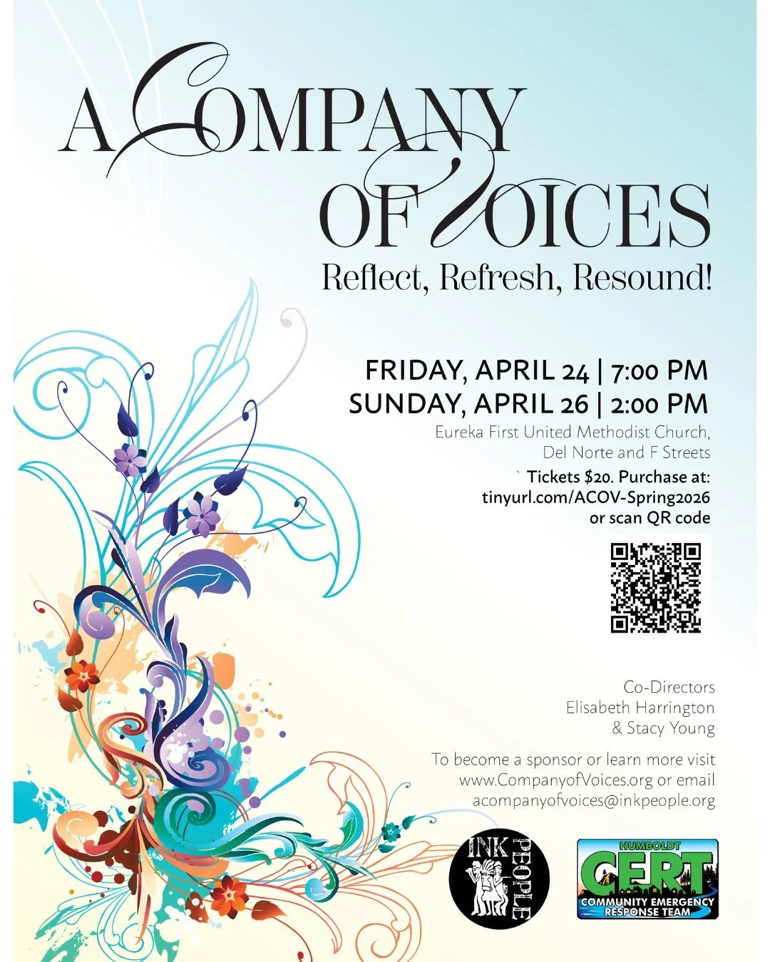 A Company of Voices, Reflect, Refresh, Resound!
Friday, April 24th at 7pm
Sunday, April 26th at 2pm 

Eureka First United Methodist Church, 520 Del Norte St, Eureka

Suggested donation $20. Click below to purchase tickets.

Co-Directors Elisabeth Har