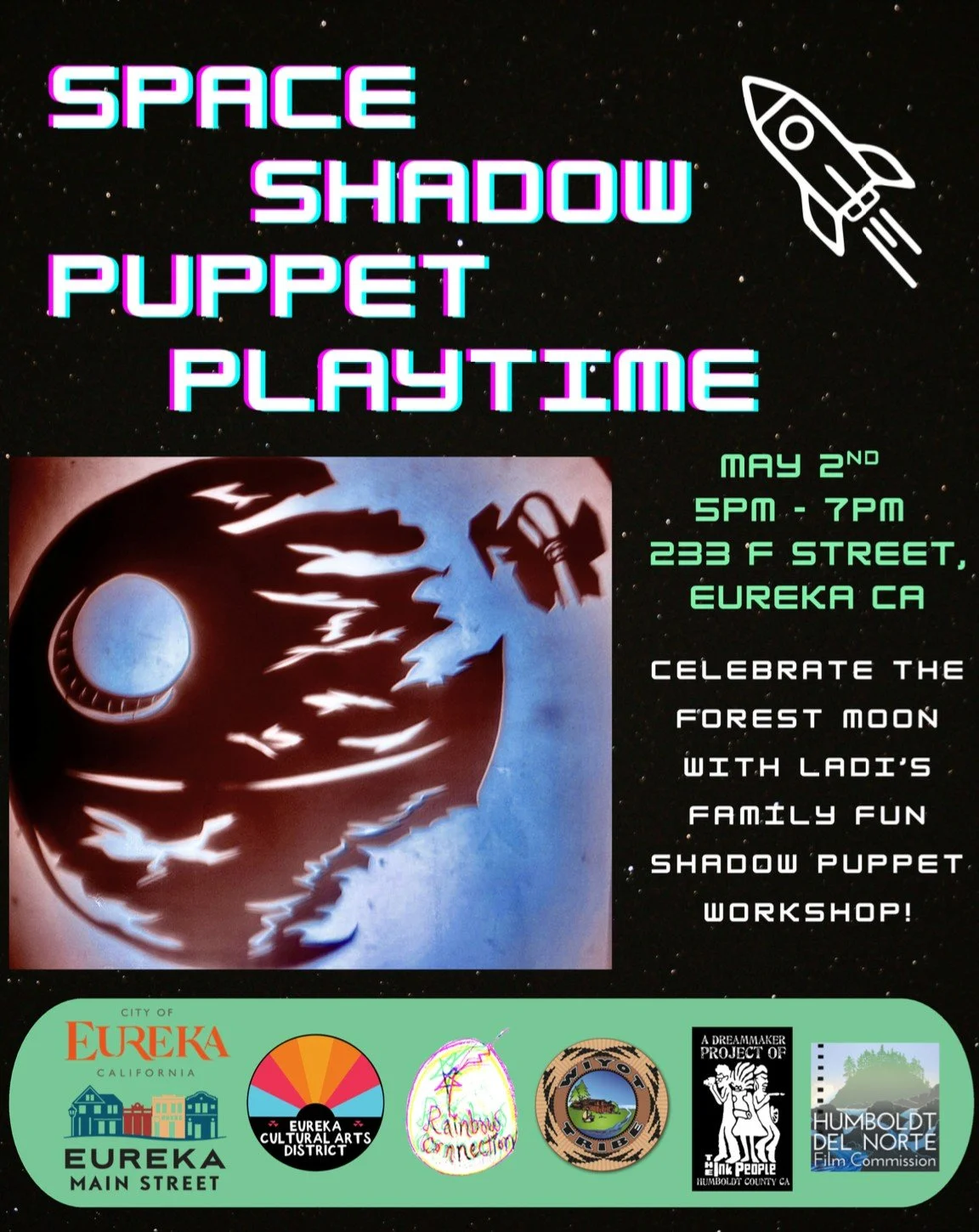 Calling all young rebels and artists interested in creating shadow puppets in space!
Join Ladi from Rainbow Connection at the Humboldt/Del Norte Film Museum from 5 PM - 7 PM for this workshop and shadow puppet play-time experience! 

This event is ma